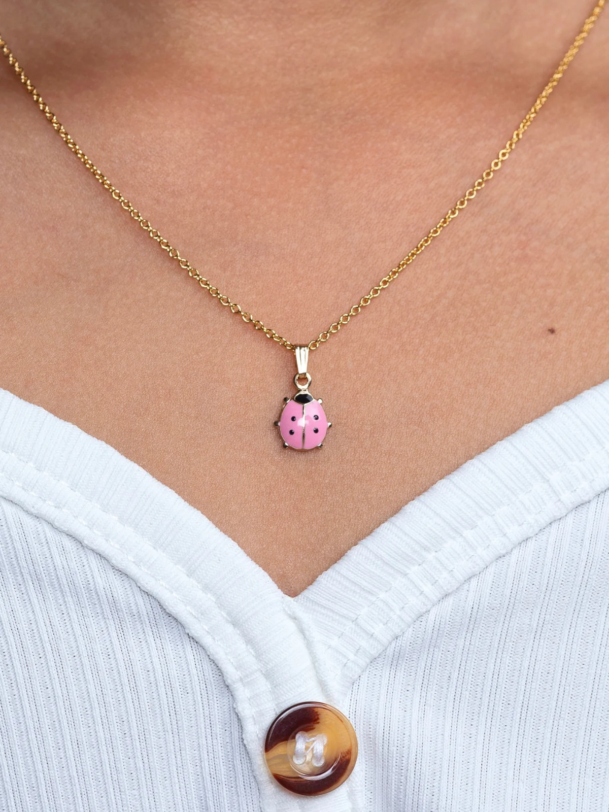Girls Premium 14k Gold Pink Ladybug Pendant Necklace - Image 2
