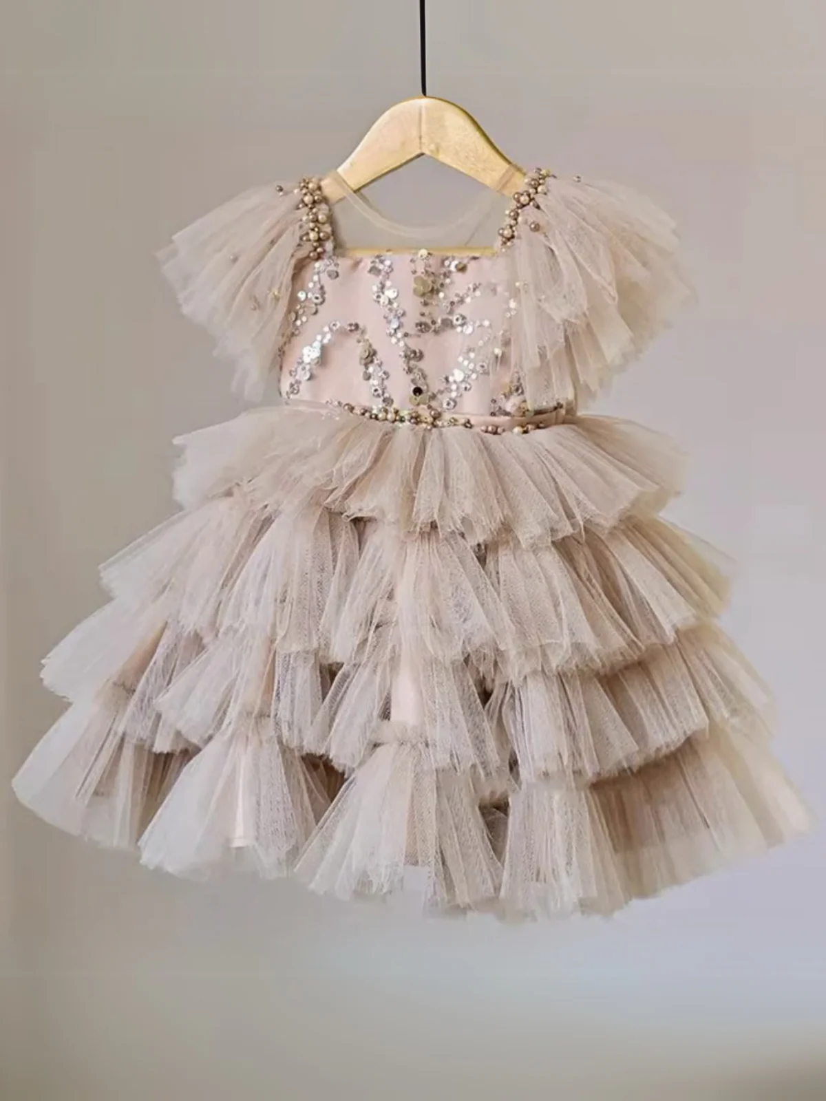 Champagne Sparkle Tulle Tiered Ruffle Party Dress - Image 3