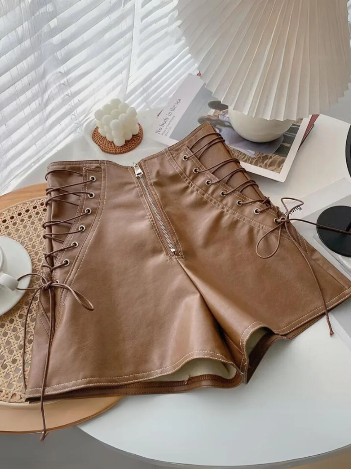 A Little Sassy Vegan Leather Lace-Up Shorts - Image 4