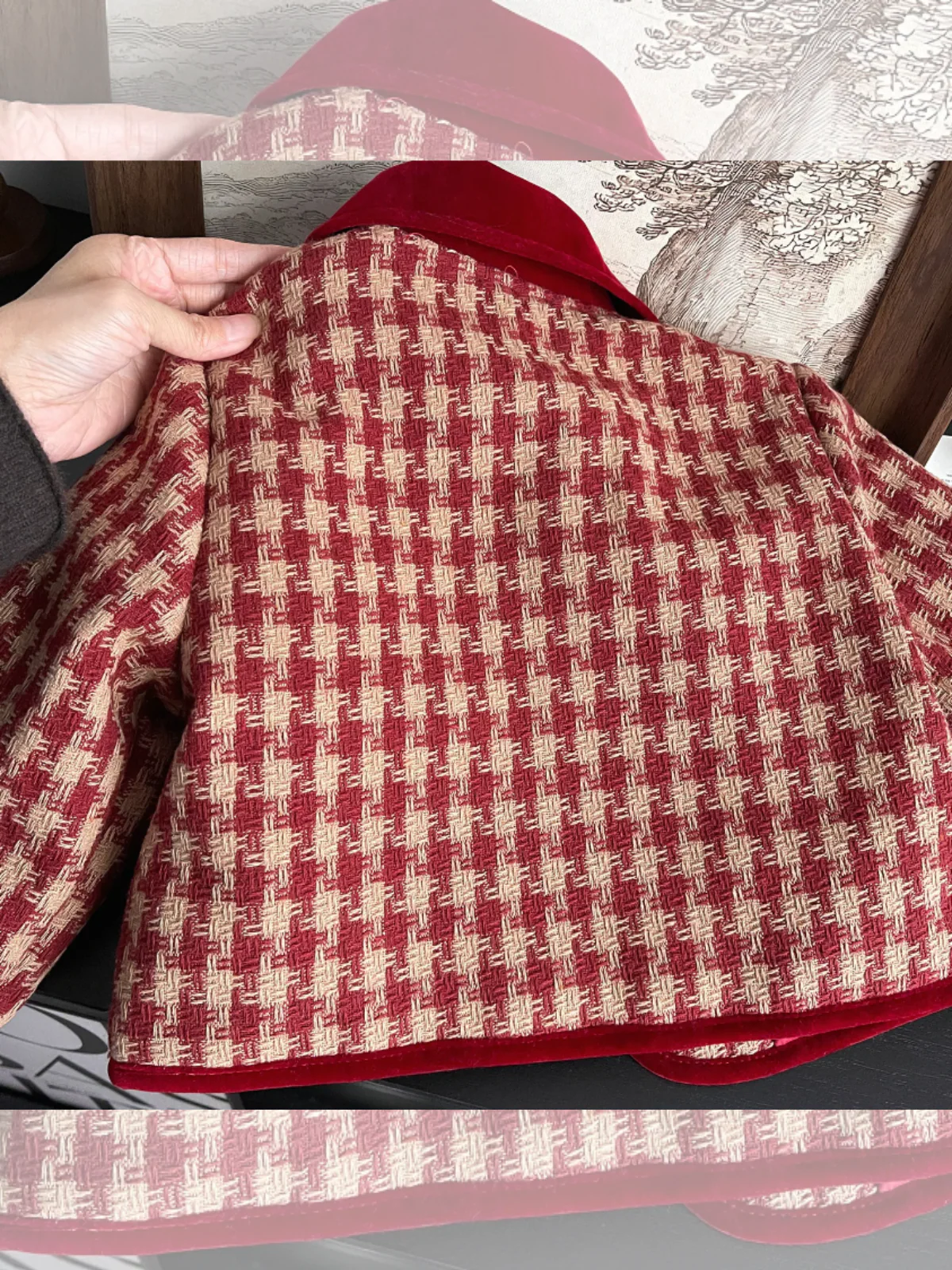 Adorable Red Velvet and Plaid Jacket and Skirt Set - Image 10