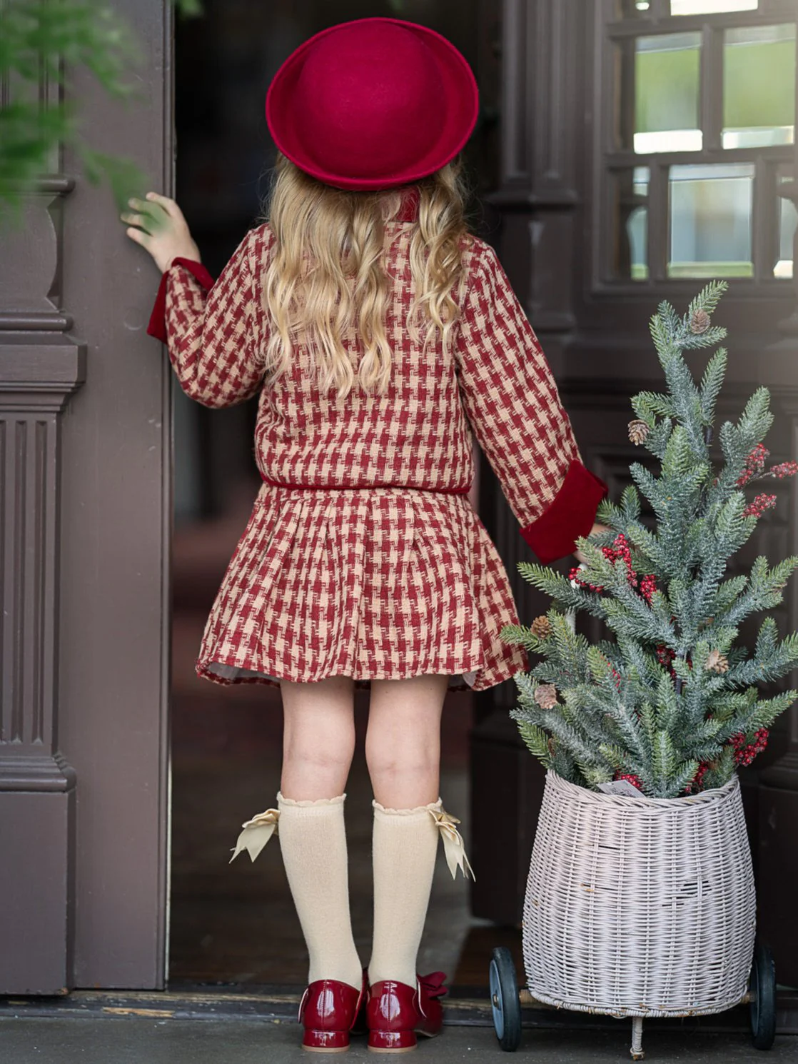 Adorable Red Velvet and Plaid Jacket and Skirt Set - Image 2