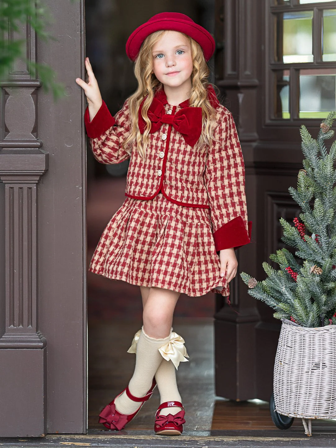 Adorable Red Velvet and Plaid Jacket and Skirt Set - Image 3
