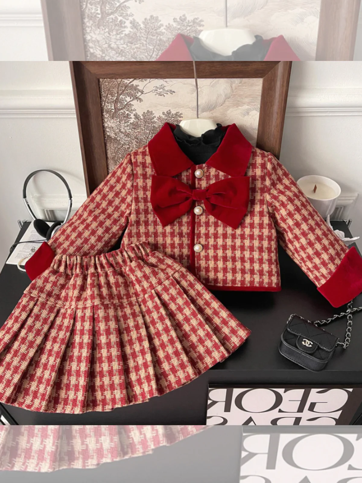 Adorable Red Velvet and Plaid Jacket and Skirt Set - Image 4