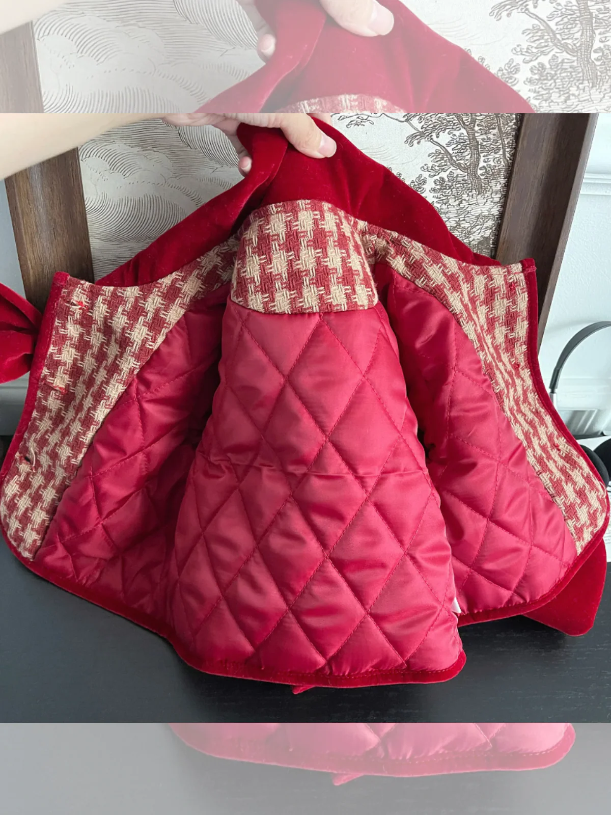 Adorable Red Velvet and Plaid Jacket and Skirt Set - Image 5