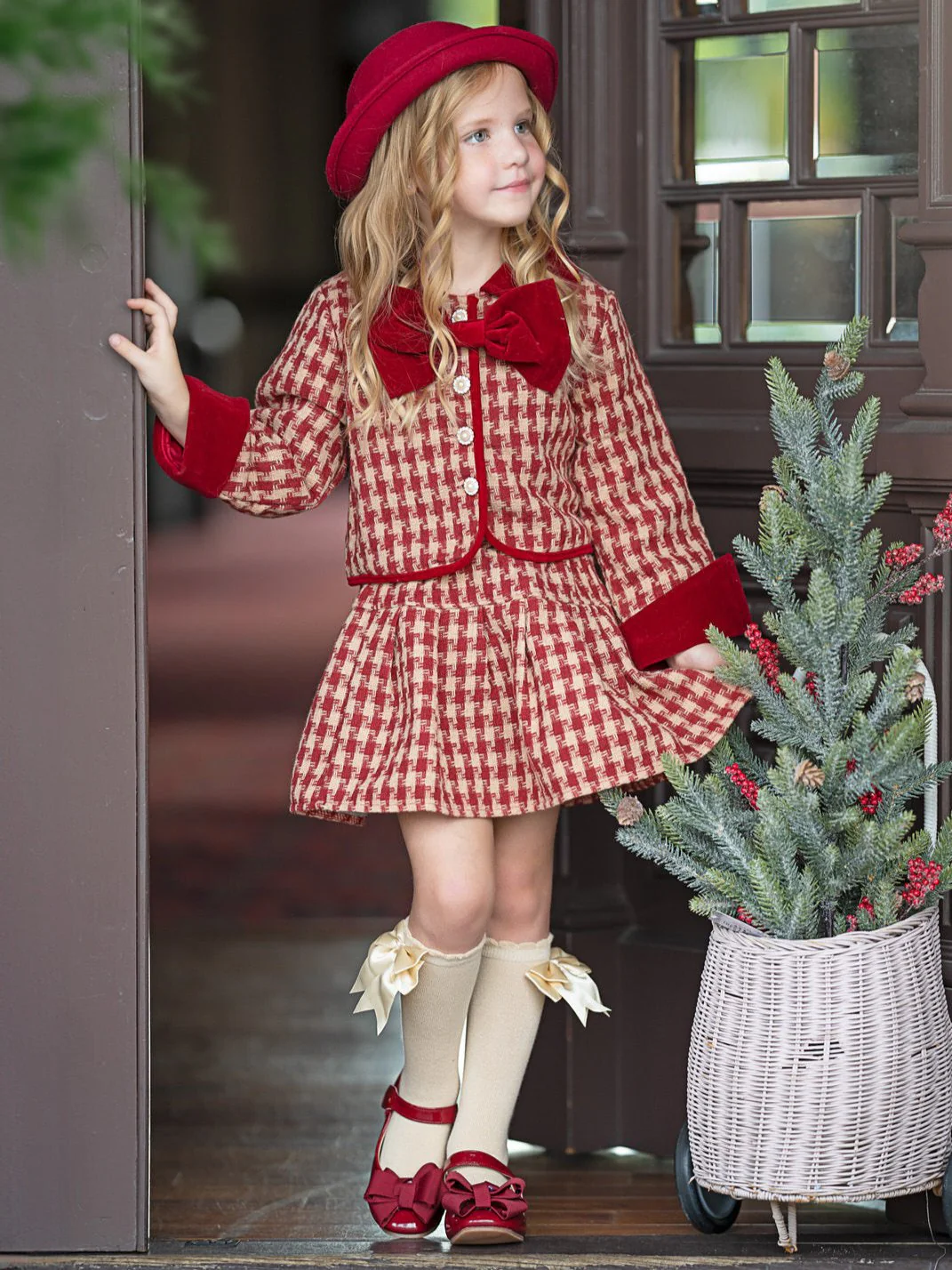 Adorable Red Velvet and Plaid Jacket and Skirt Set - Image 6