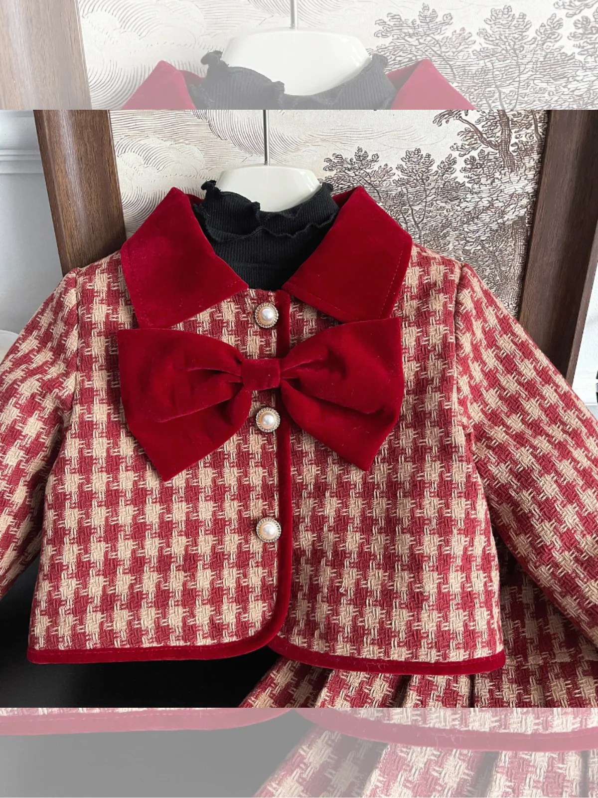Adorable Red Velvet and Plaid Jacket and Skirt Set - Image 8