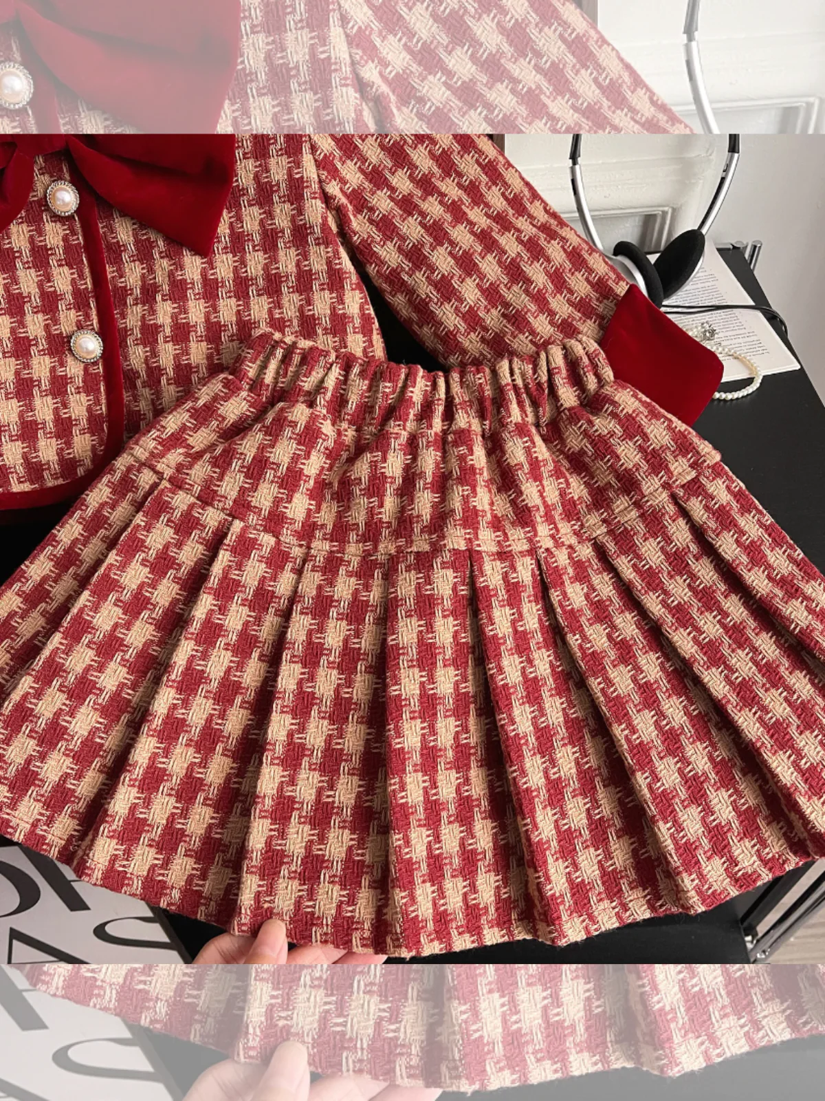 Adorable Red Velvet and Plaid Jacket and Skirt Set - Image 9