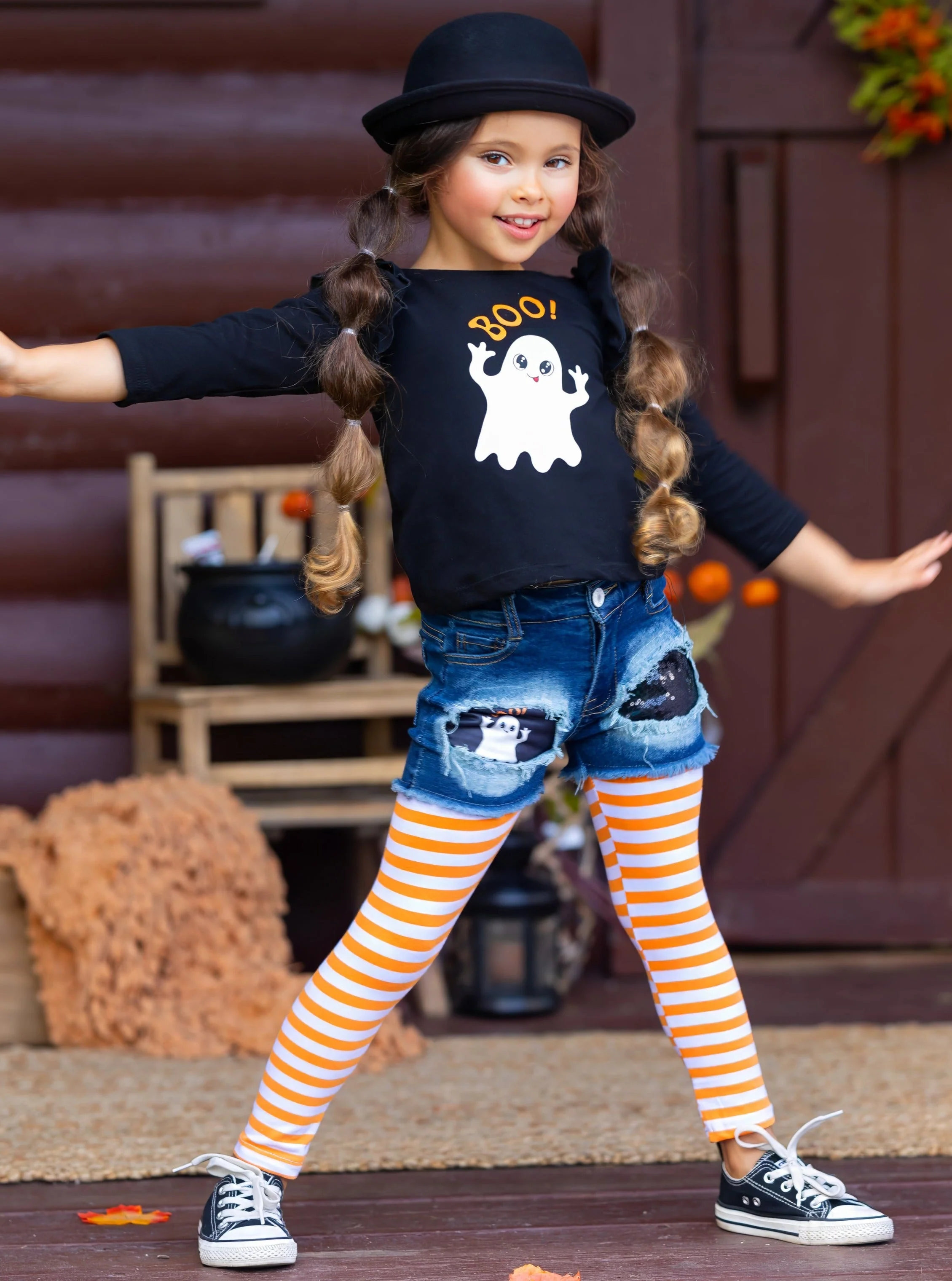 All Boo'd Up Top, Patched Denim Shorts, and Legging Set - Image 2