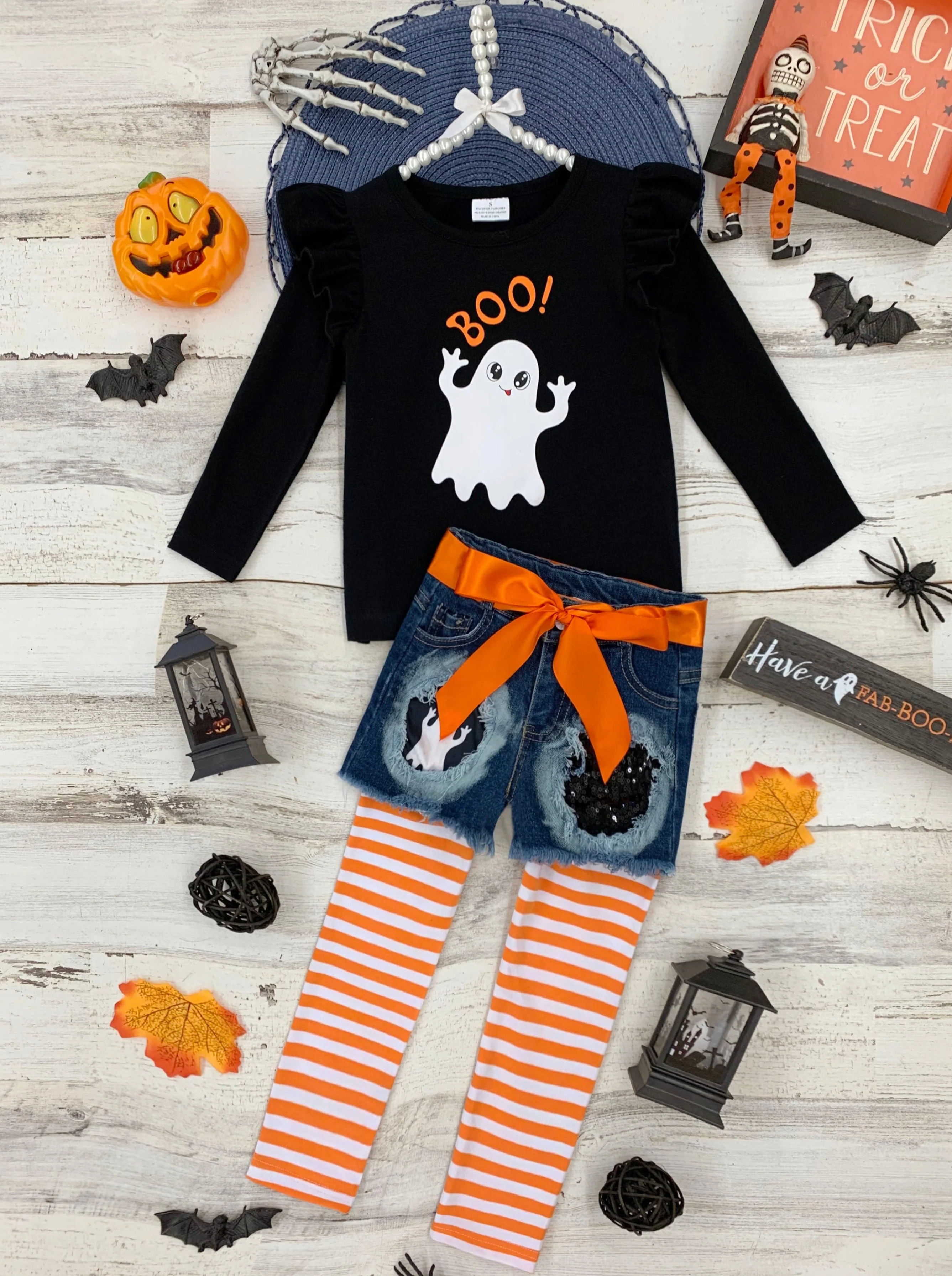 All Boo'd Up Top, Patched Denim Shorts, and Legging Set - Image 3