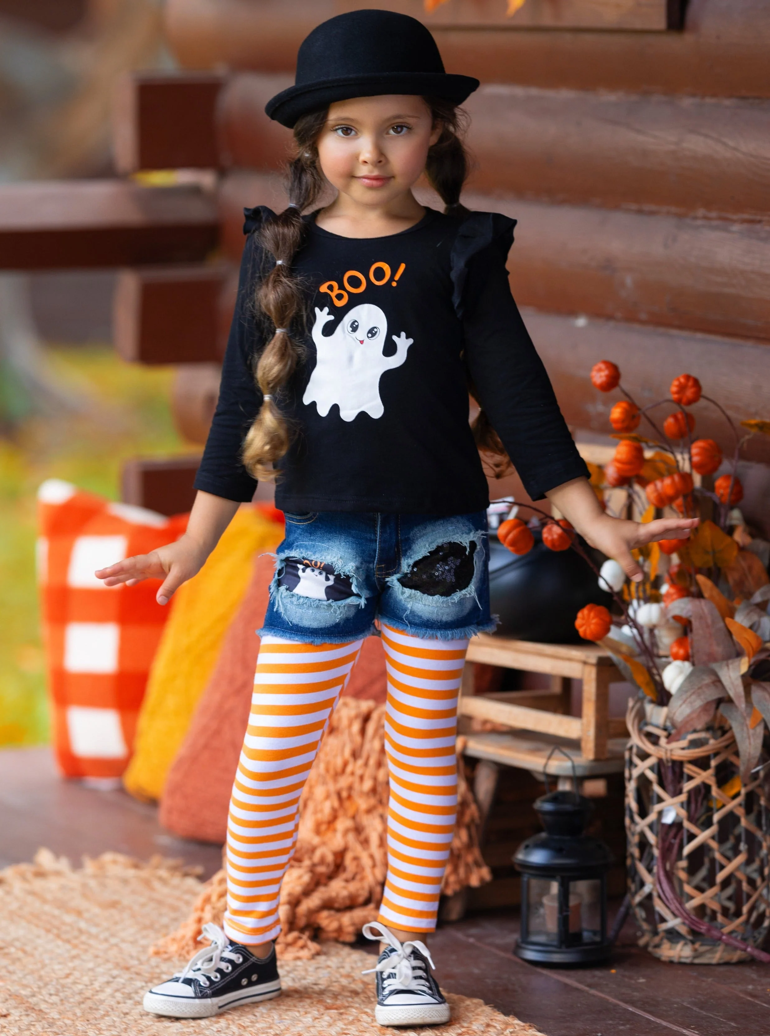 All Boo'd Up Top, Patched Denim Shorts, and Legging Set - Image 4