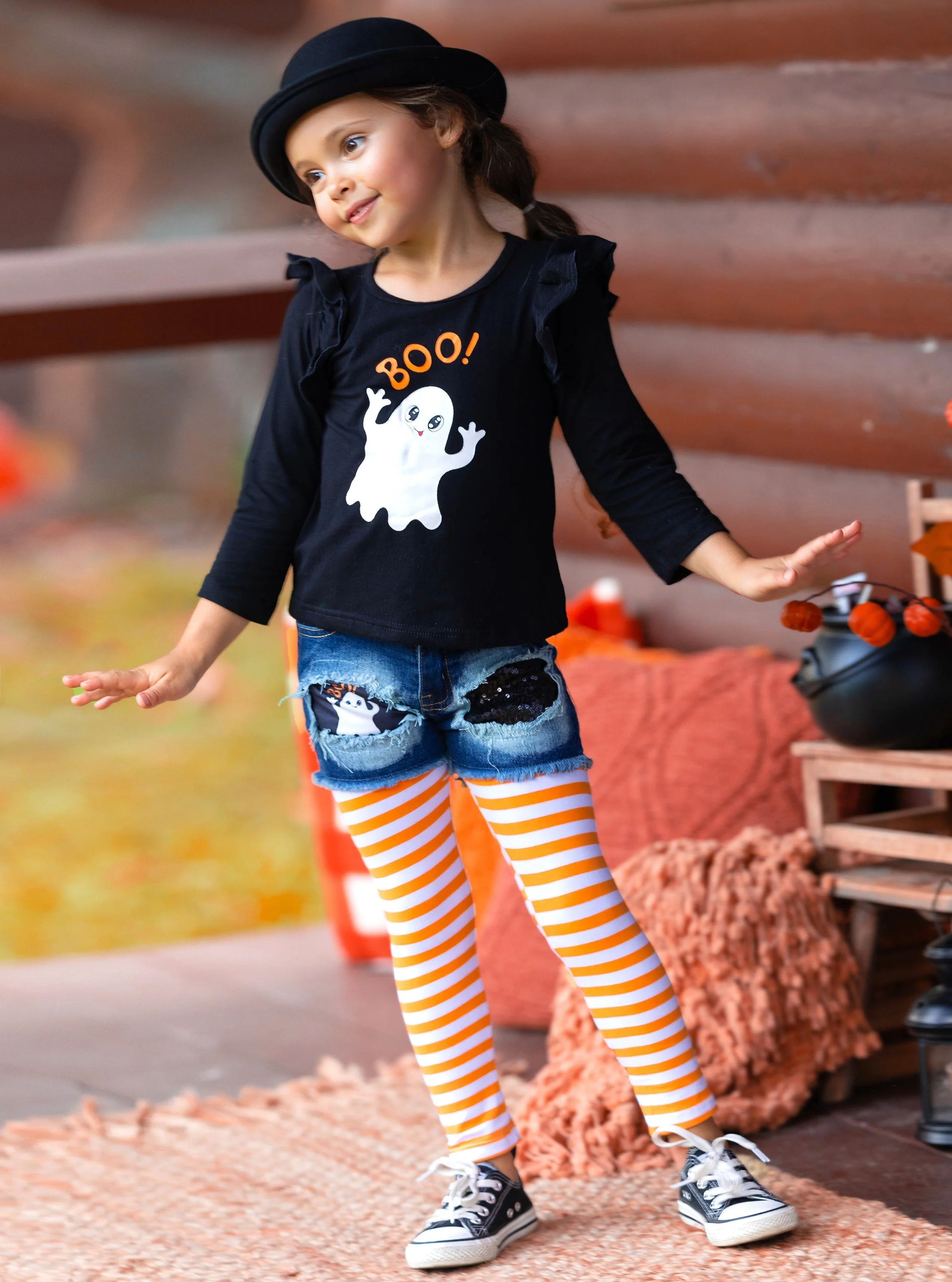All Boo'd Up Top, Patched Denim Shorts, and Legging Set - Image 6