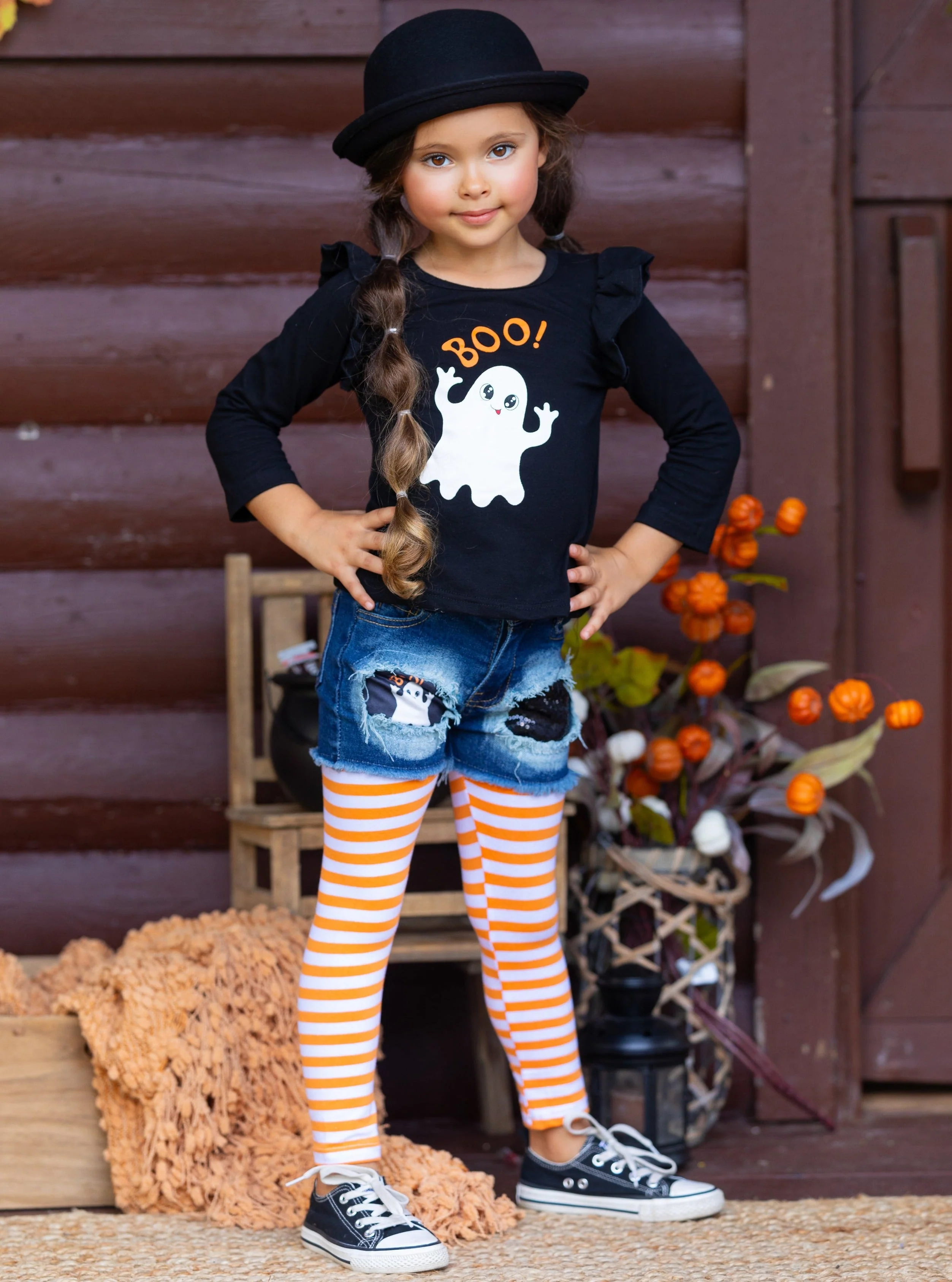 All Boo'd Up Top, Patched Denim Shorts, and Legging Set - Image 7