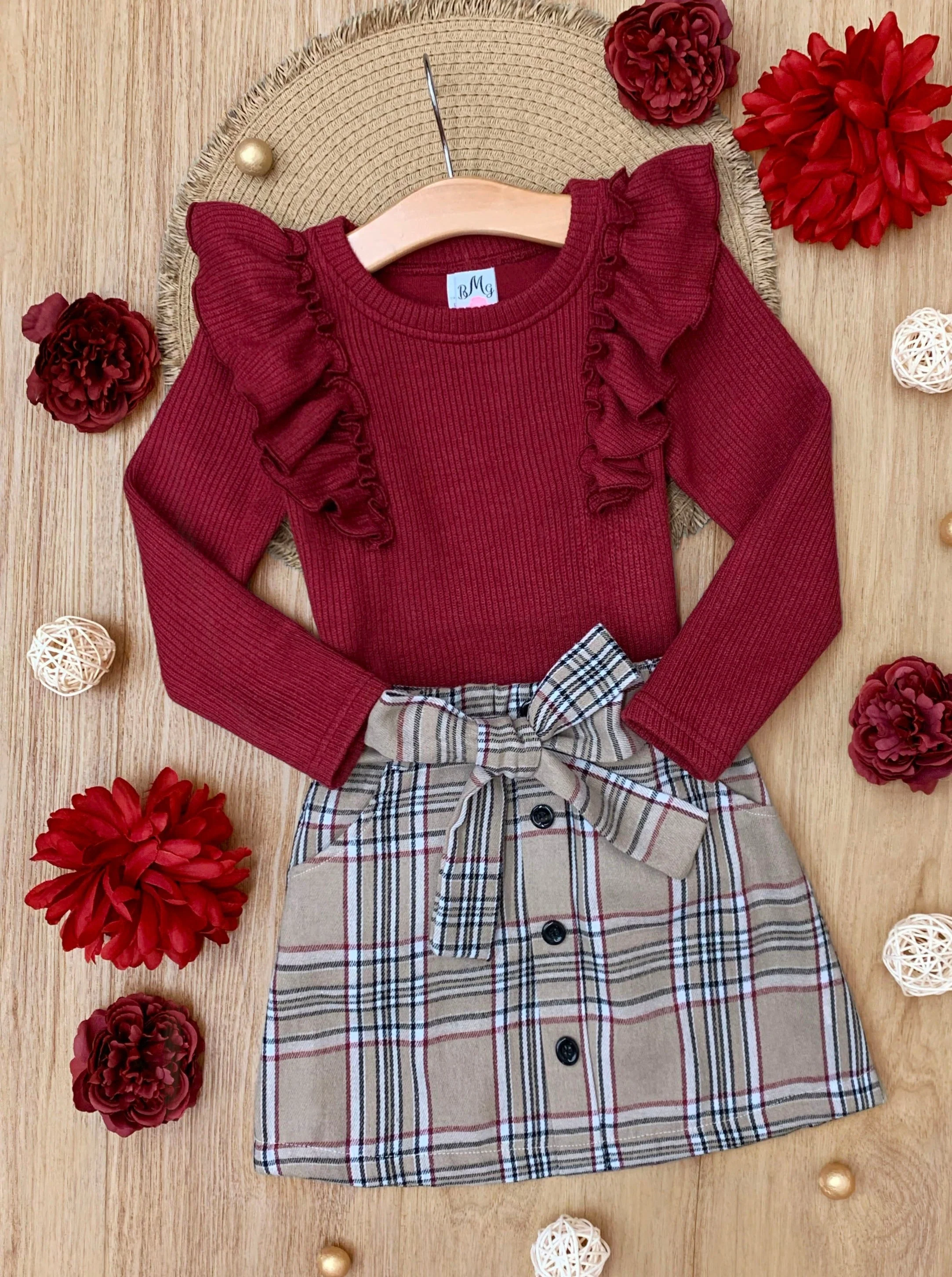 Plaid Chic Girls Ruffled Top and Brushed Fleece Skirt Set - Image 3