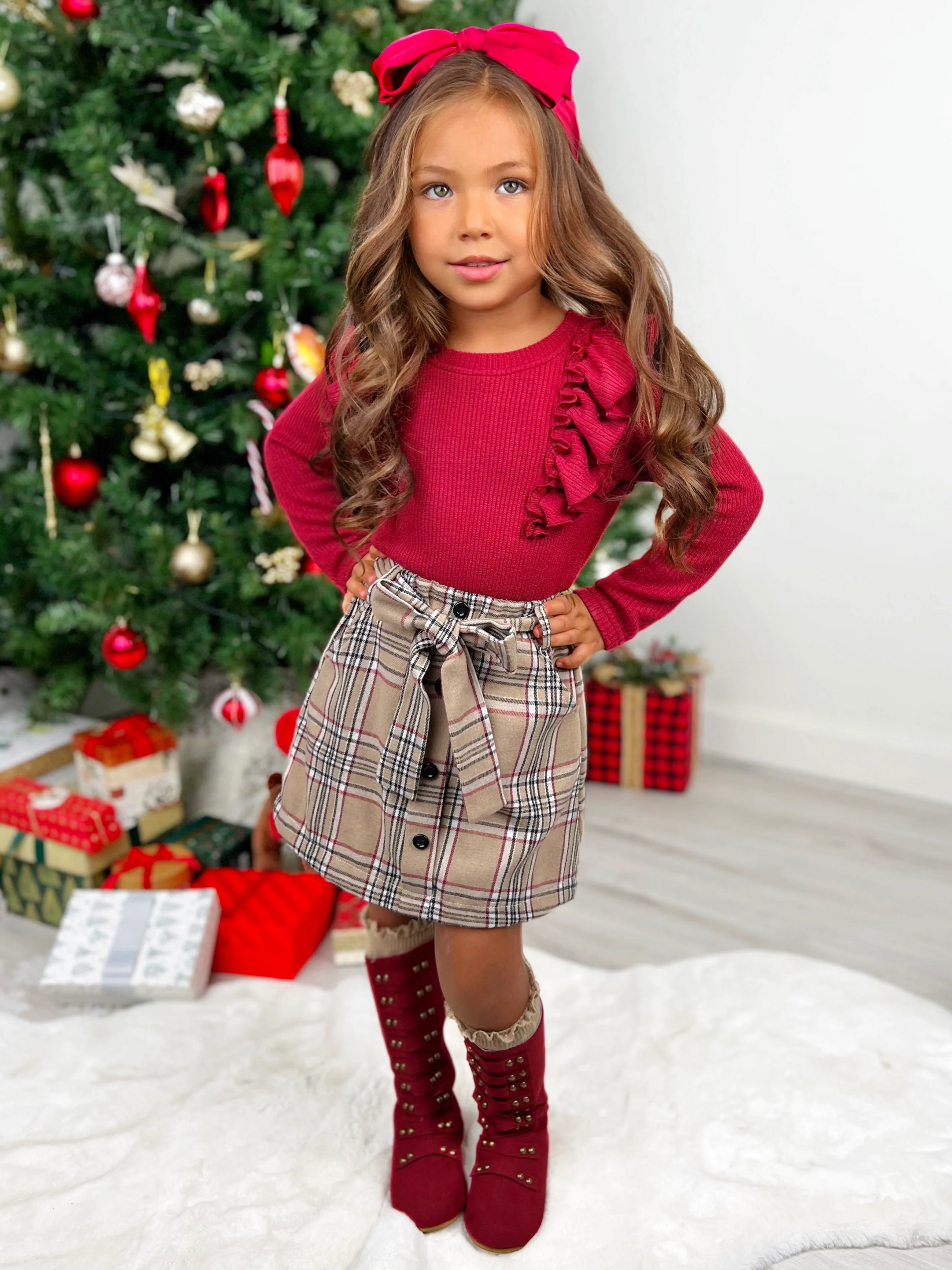 Plaid Chic Girls Ruffled Top and Brushed Fleece Skirt Set - Image 4