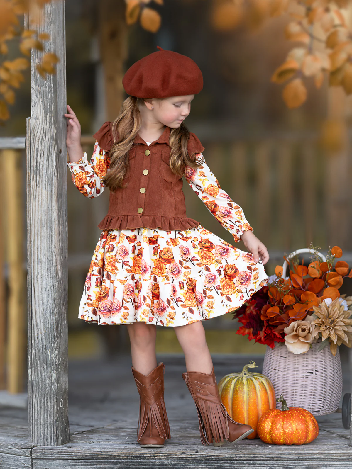 Autumn Floral Faux Suede Vest Dress Set - Image 2