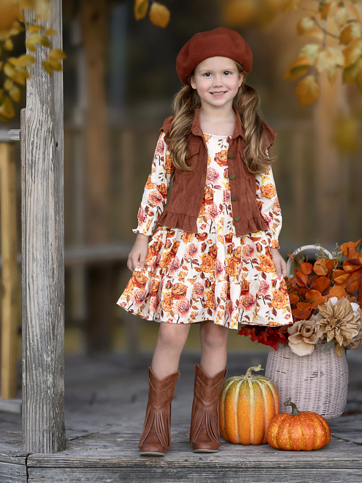 Autumn Floral Faux Suede Vest Dress Set - Image 3