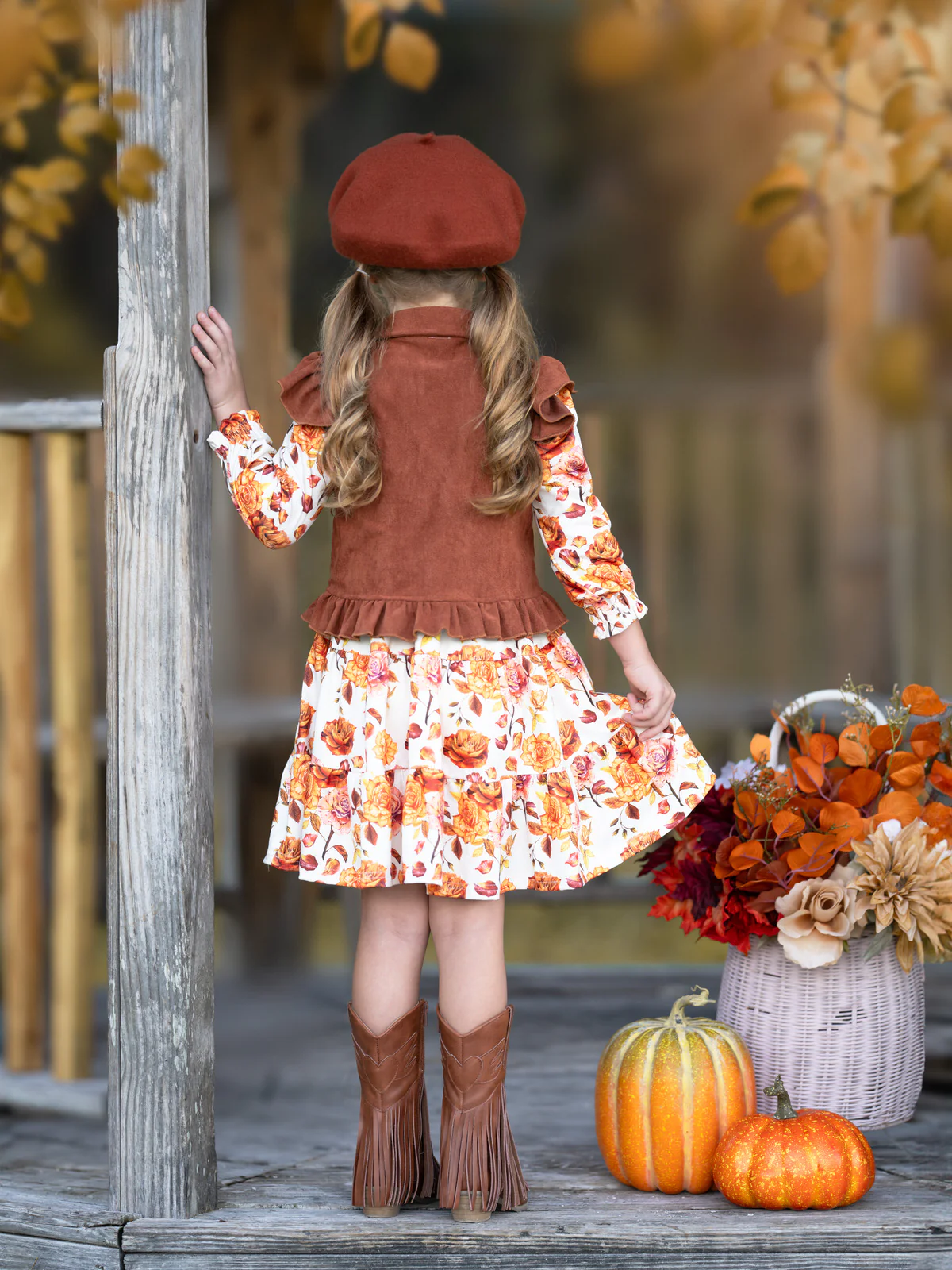 Autumn Floral Faux Suede Vest Dress Set - Image 4