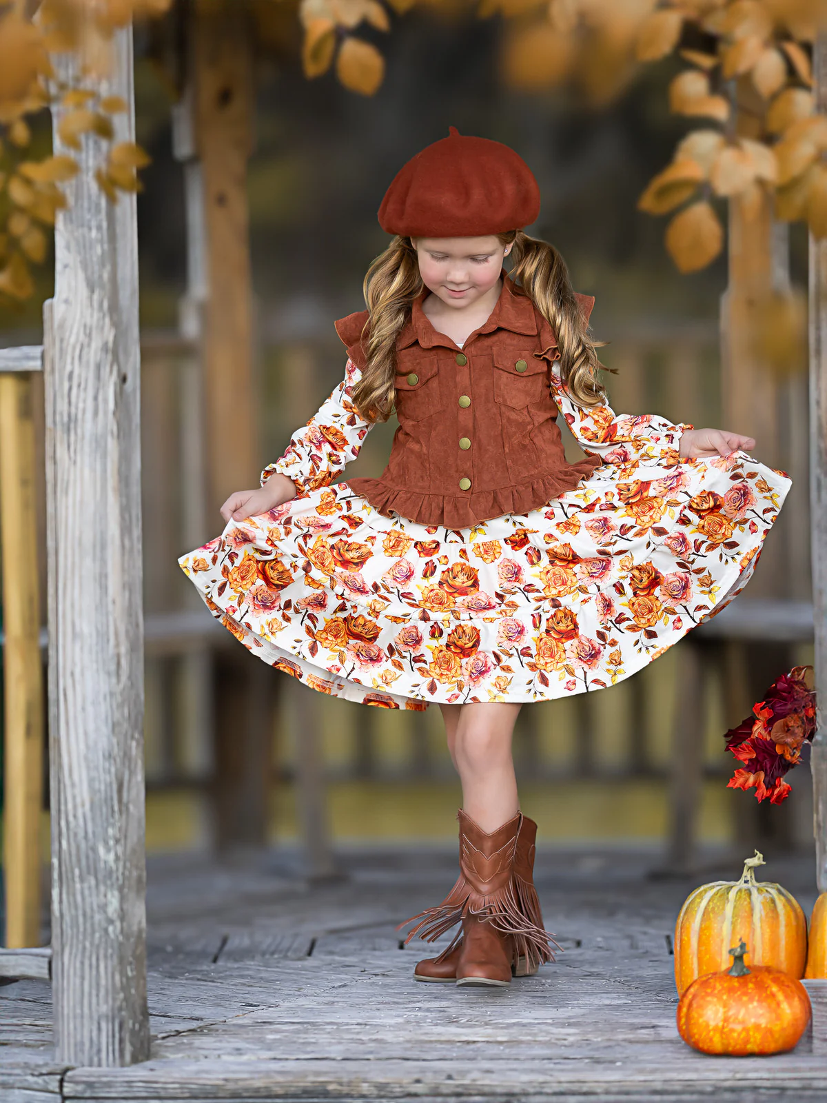Autumn Floral Faux Suede Vest Dress Set - Image 5