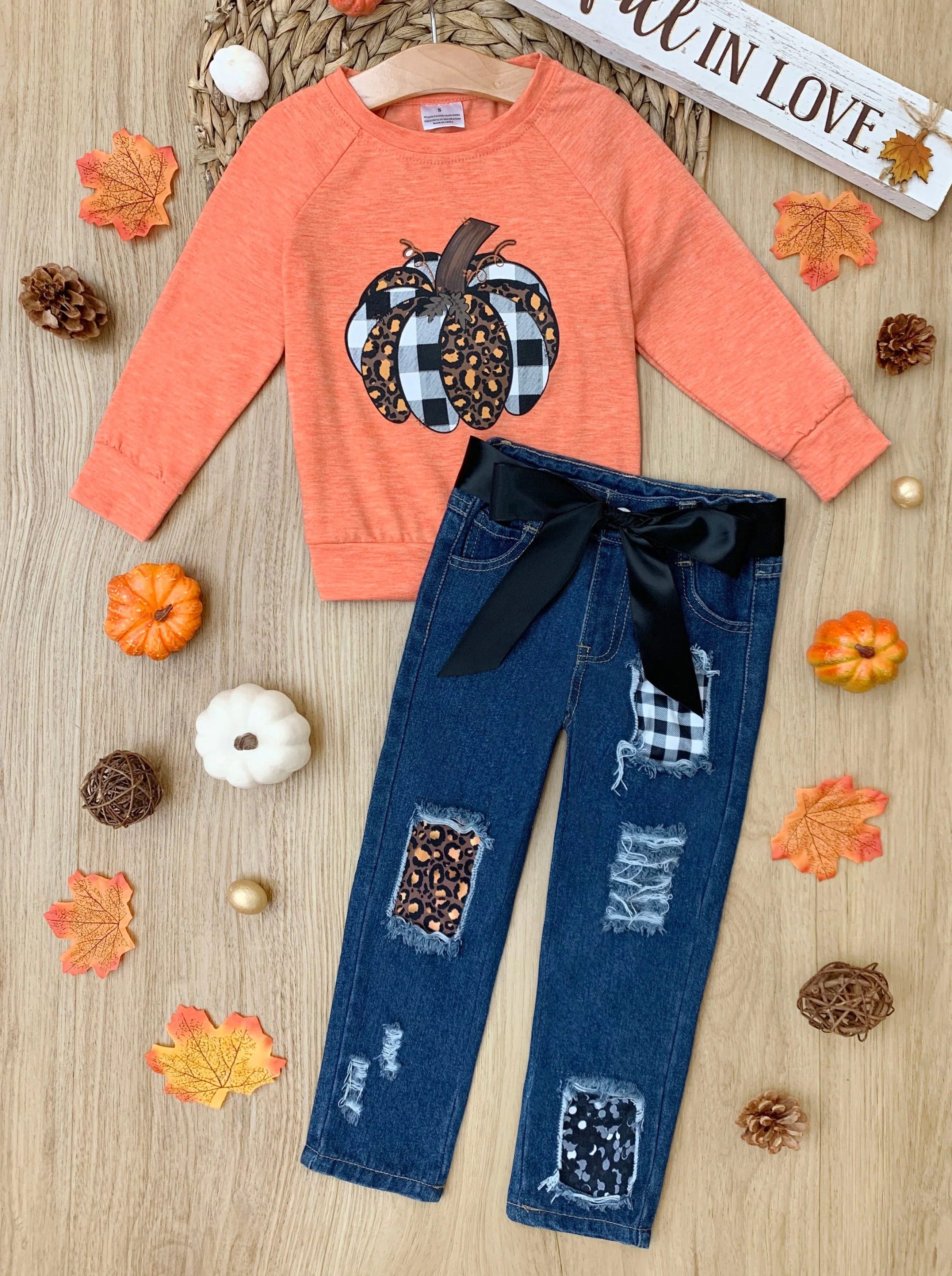 Aww, Pumpkin Pullover and Patched Jeans Set - Image 3