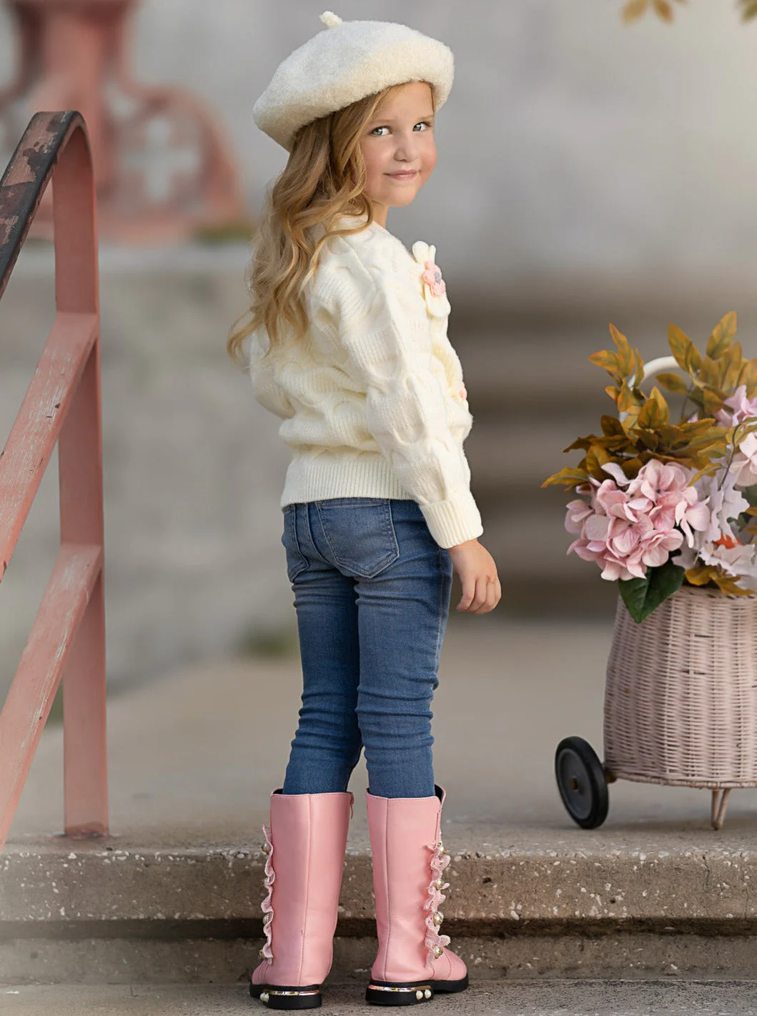 Girls Floral Button-Up Cardigan with Adorable 3D Flower Details and Heart-Shaped Buttons - Image 10