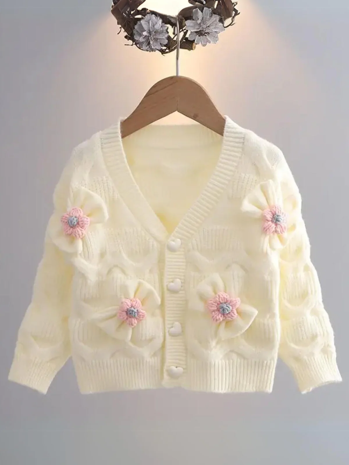Girls Floral Button-Up Cardigan with Adorable 3D Flower Details and Heart-Shaped Buttons - Image 11
