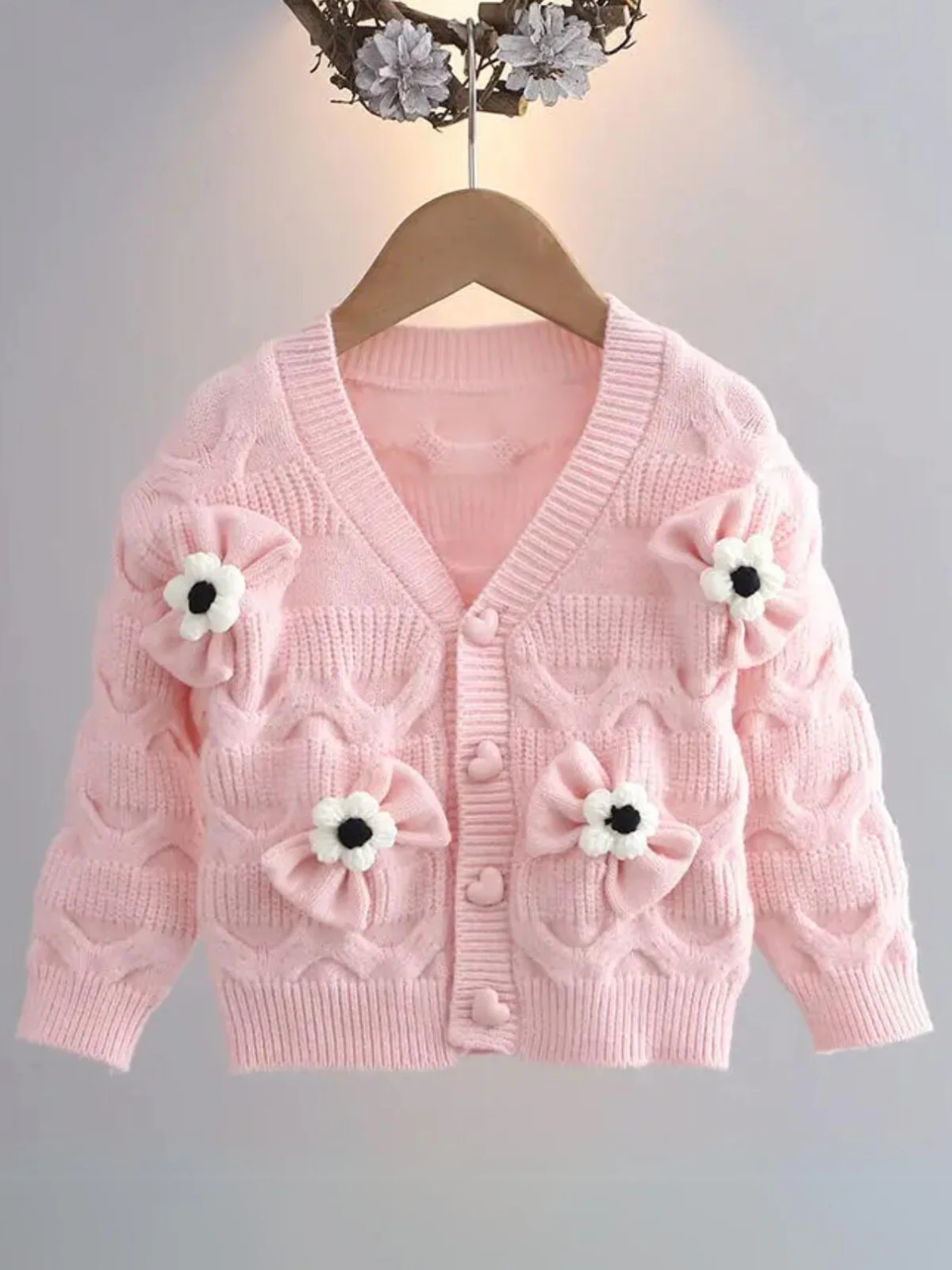 Girls Floral Button-Up Cardigan with Adorable 3D Flower Details and Heart-Shaped Buttons - Image 12
