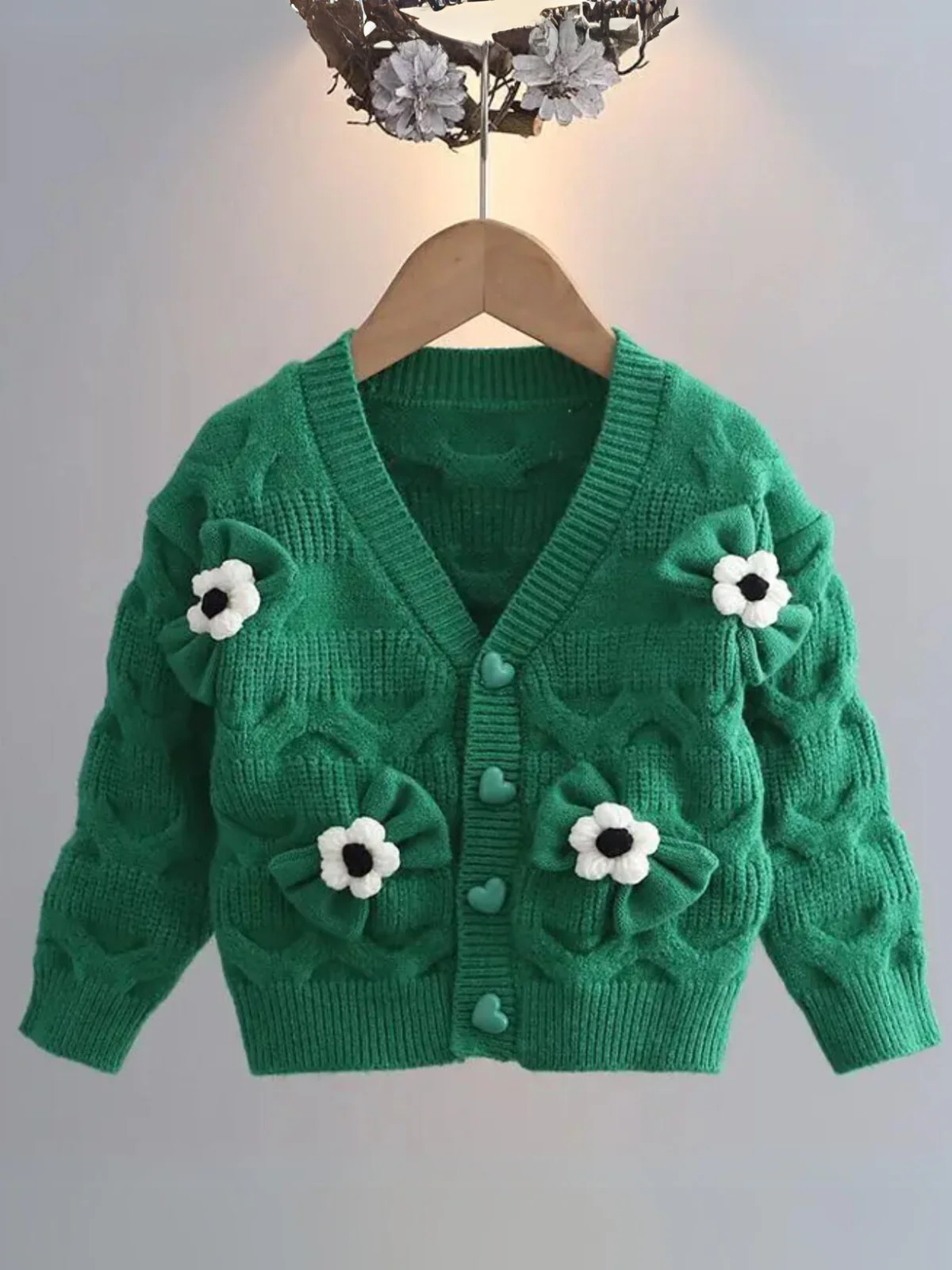 Girls Floral Button-Up Cardigan with Adorable 3D Flower Details and Heart-Shaped Buttons - Image 14