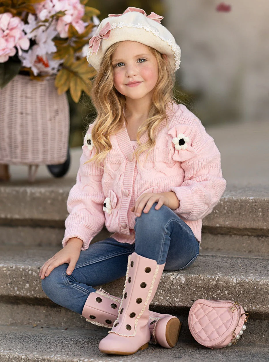 Girls Floral Button-Up Cardigan with Adorable 3D Flower Details and Heart-Shaped Buttons - Image 2