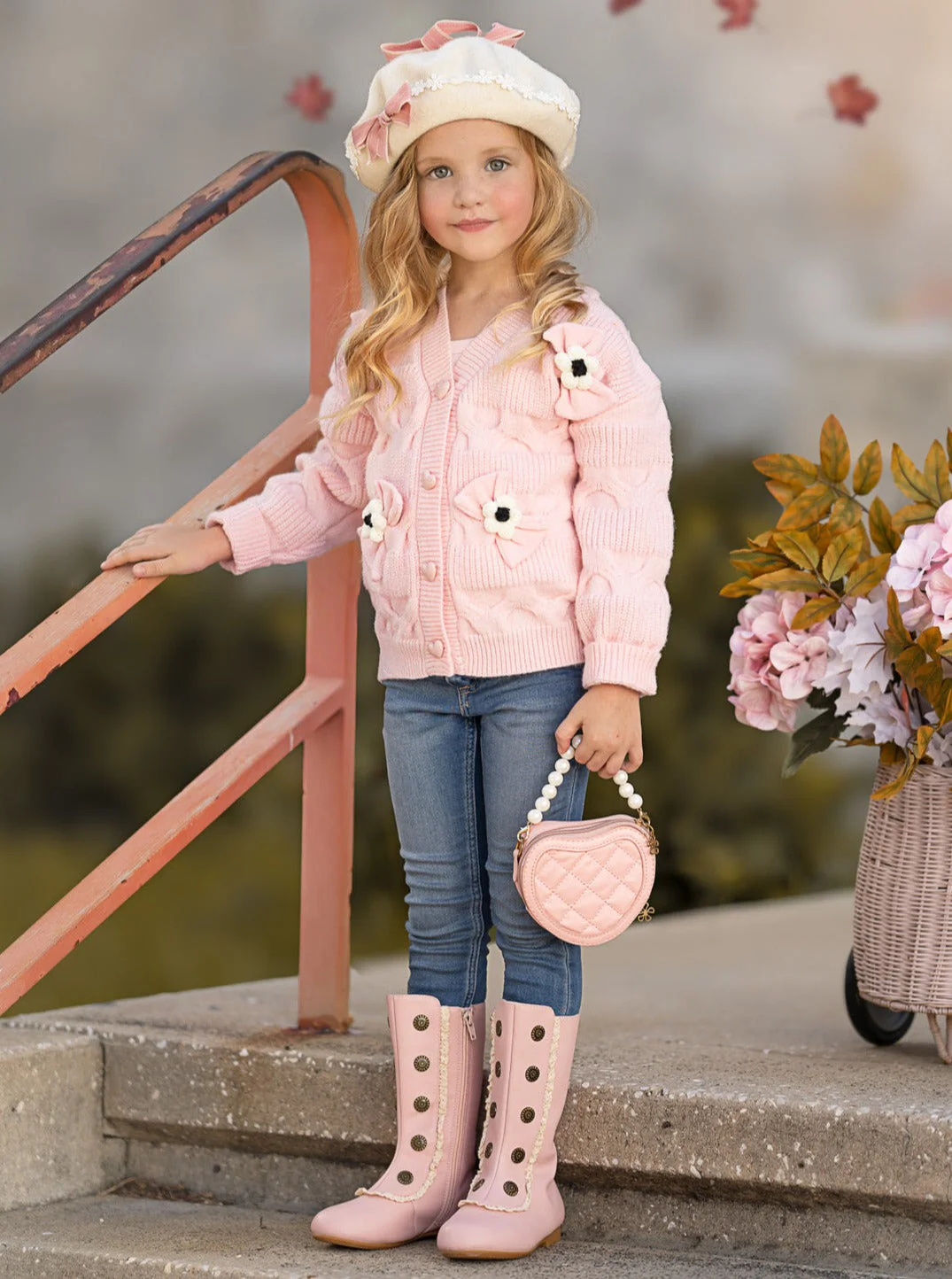 Girls Floral Button-Up Cardigan with Adorable 3D Flower Details and Heart-Shaped Buttons - Image 3