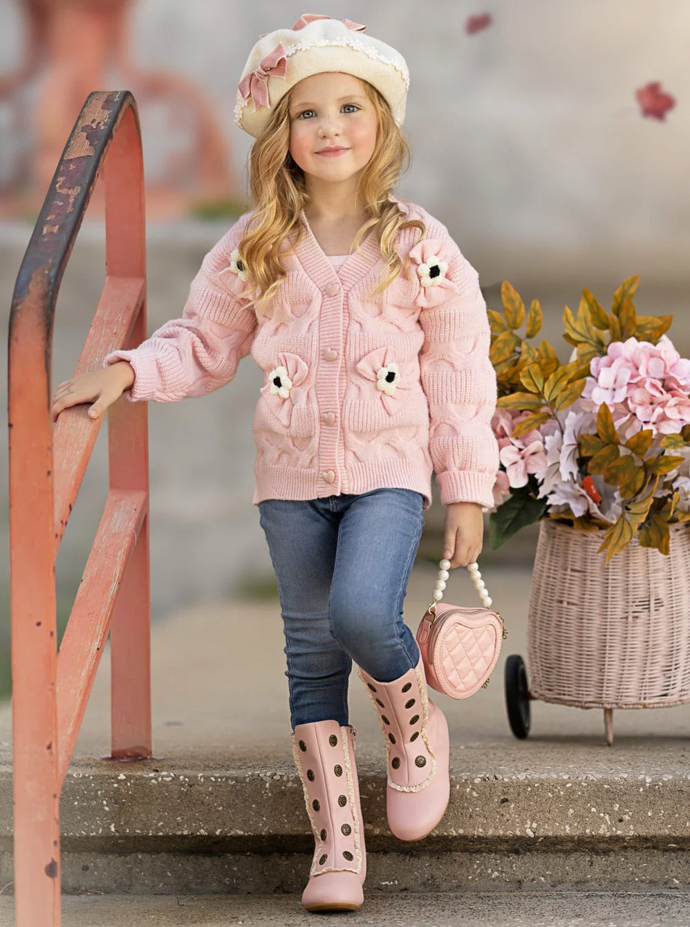 Girls Floral Button-Up Cardigan with Adorable 3D Flower Details and Heart-Shaped Buttons - Image 4