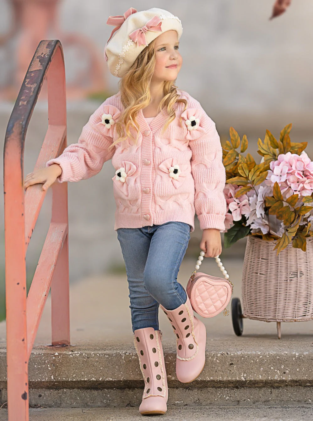 Girls Floral Button-Up Cardigan with Adorable 3D Flower Details and Heart-Shaped Buttons - Image 6