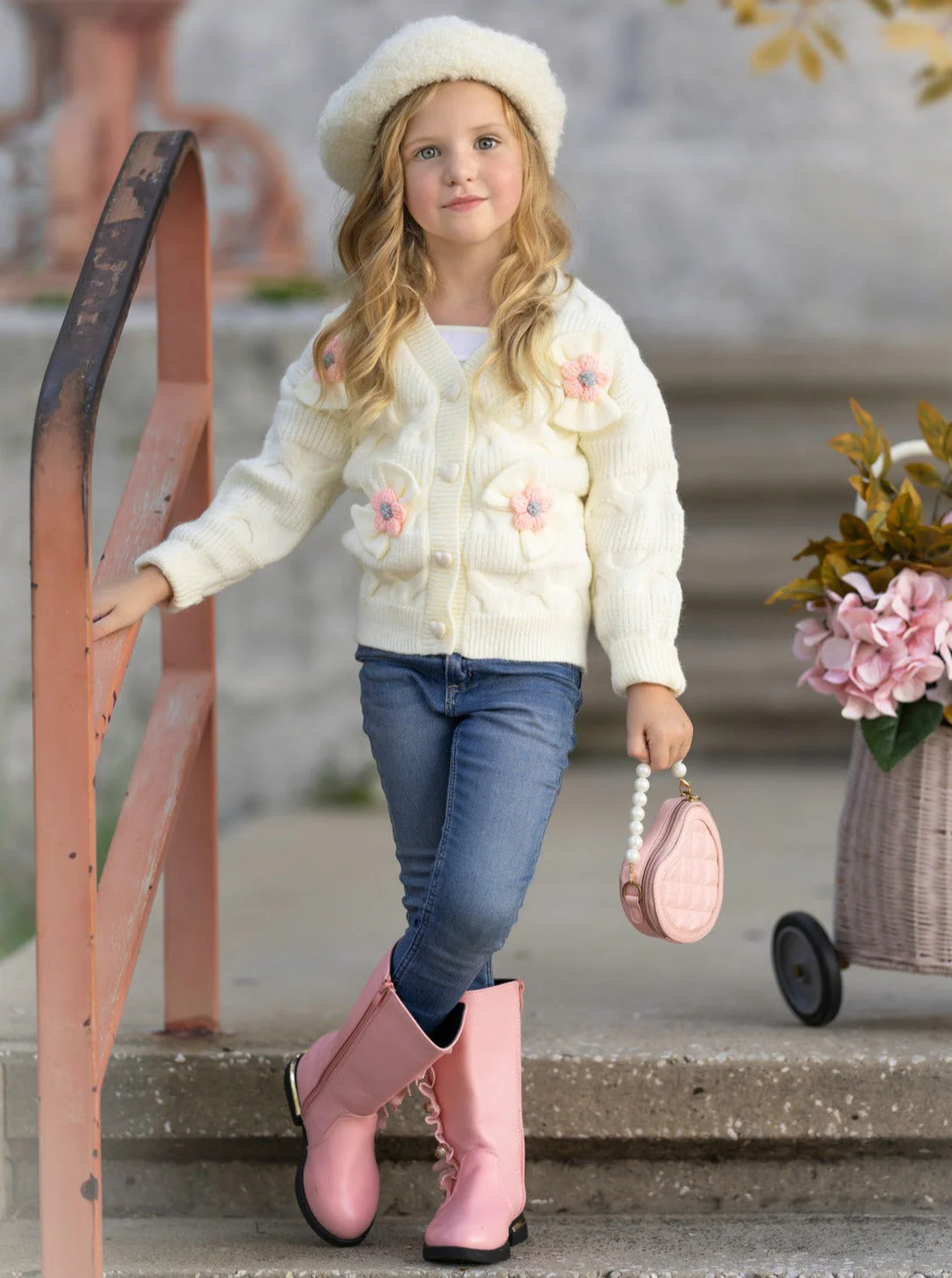 Girls Floral Button-Up Cardigan with Adorable 3D Flower Details and Heart-Shaped Buttons - Image 7