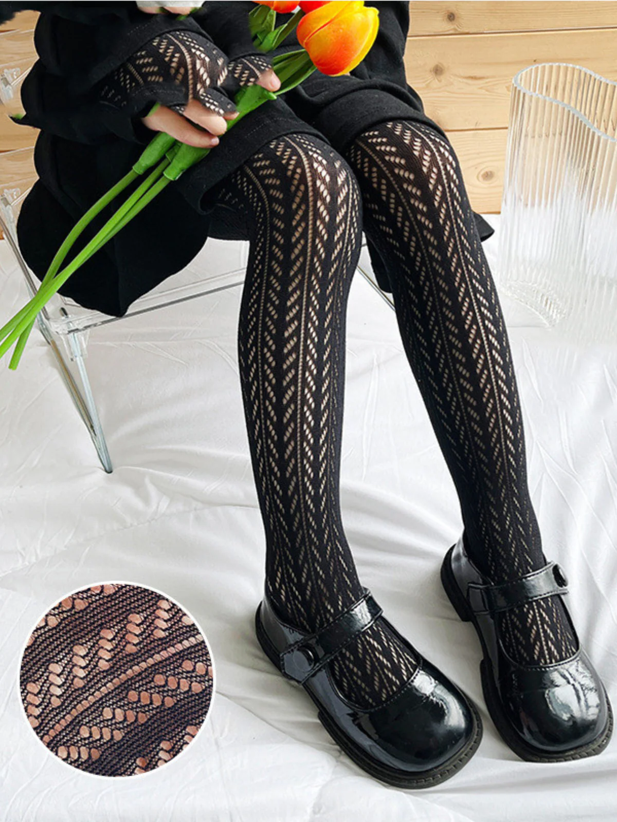 Elegant Touch Patterned Girls Black Tights - Image 3