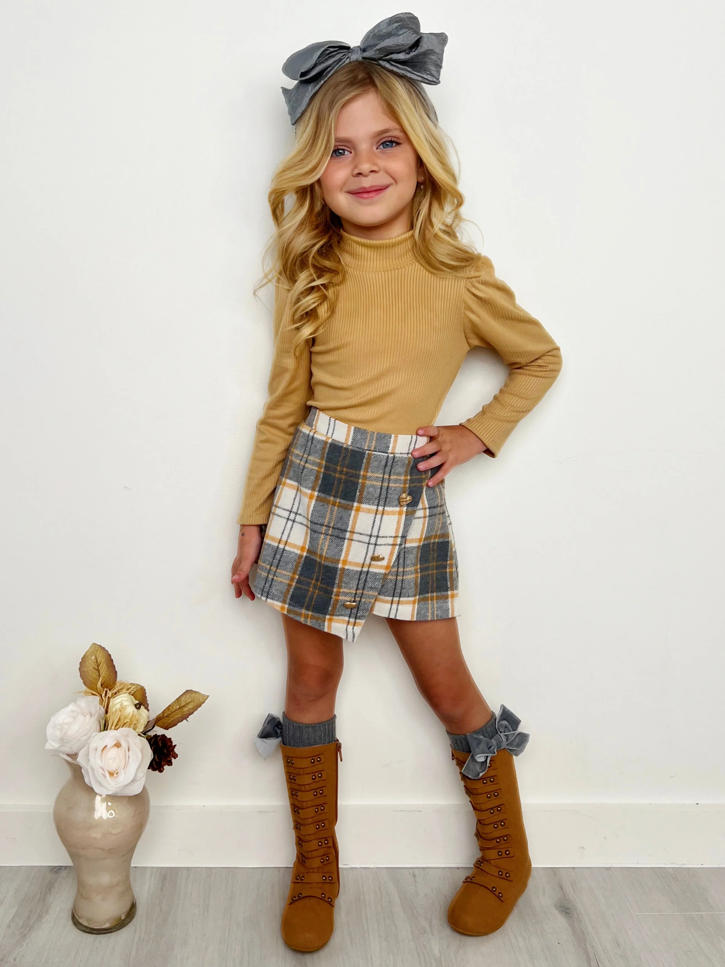 Beige Turtleneck Top and Plaid Skort Set - Image 2