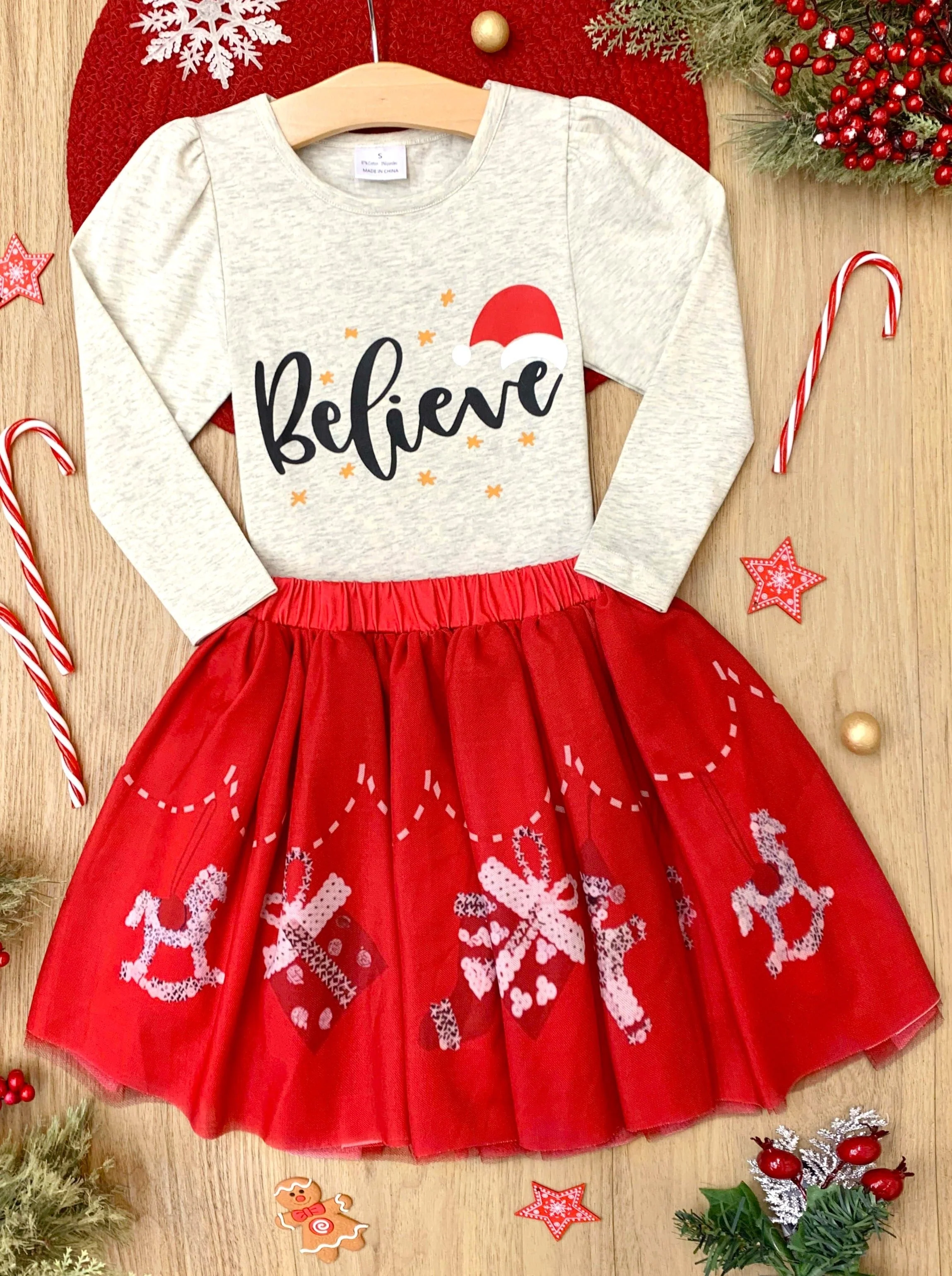 Celebrate Magic Ruffle Top and Christmas Print Skirt Set - Image 2