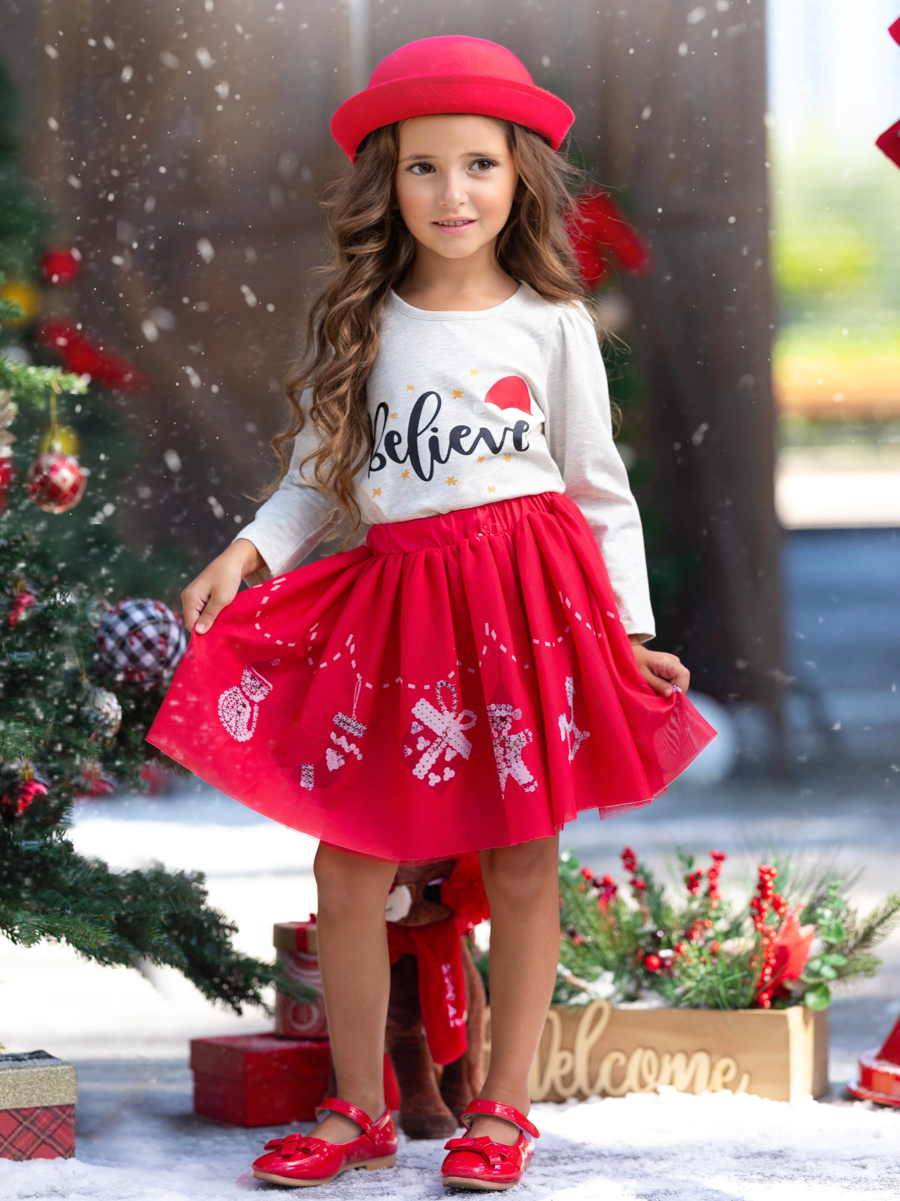 Celebrate Magic Ruffle Top and Christmas Print Skirt Set - Image 4