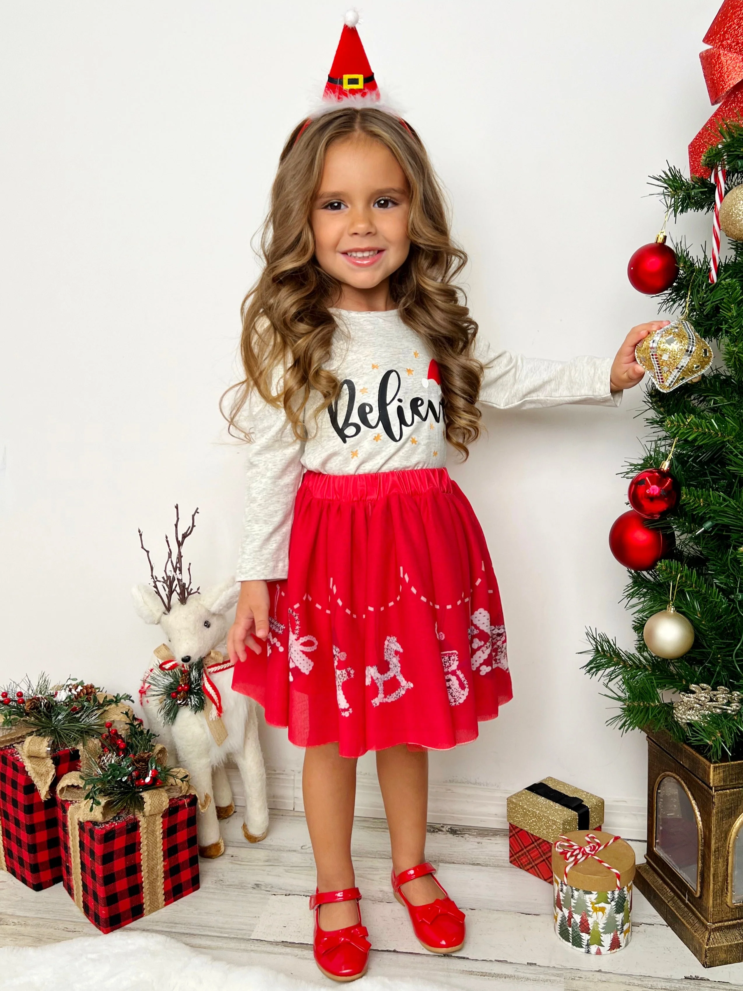 Celebrate Magic Ruffle Top and Christmas Print Skirt Set - Image 5