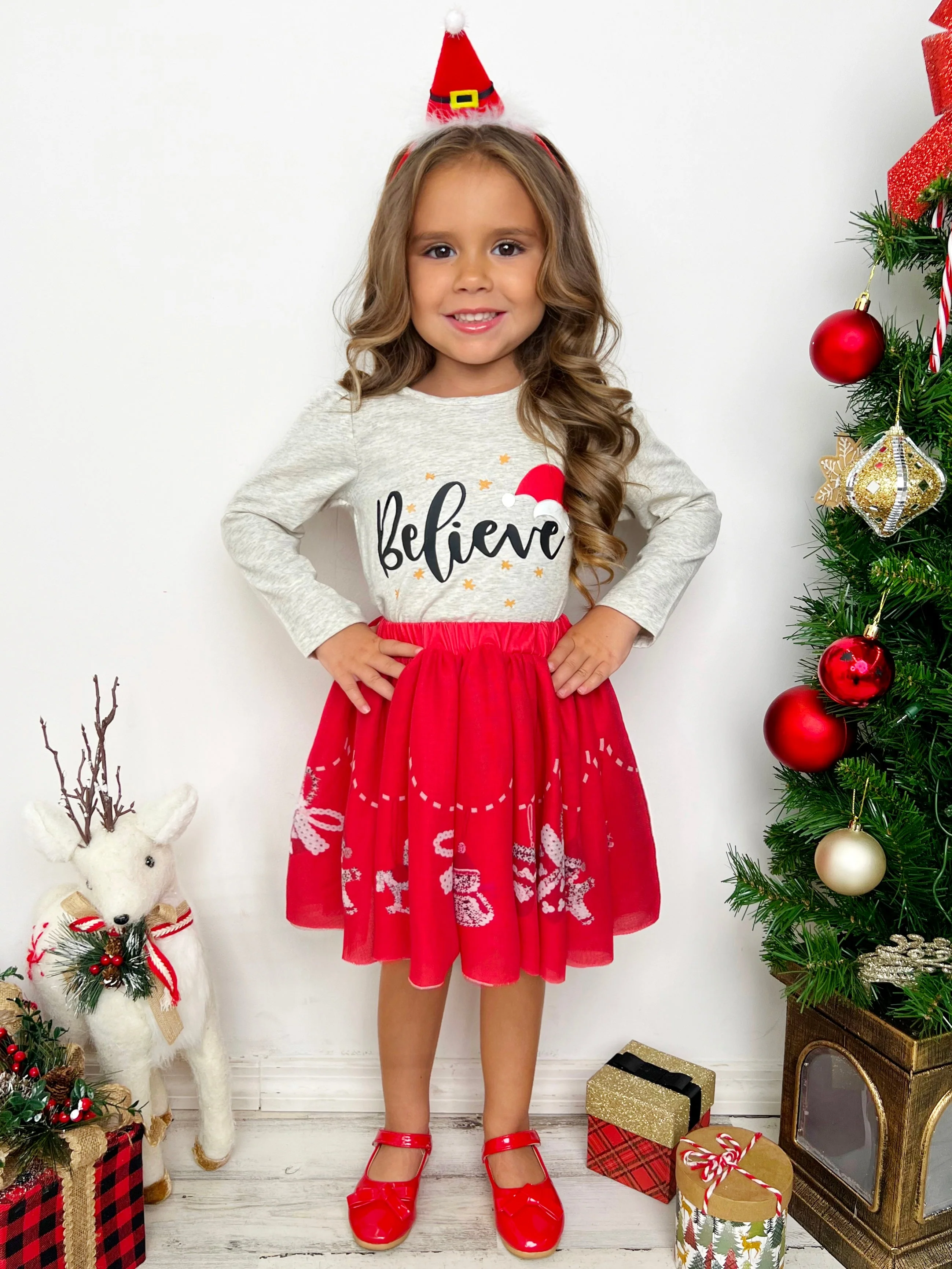 Celebrate Magic Ruffle Top and Christmas Print Skirt Set - Image 6