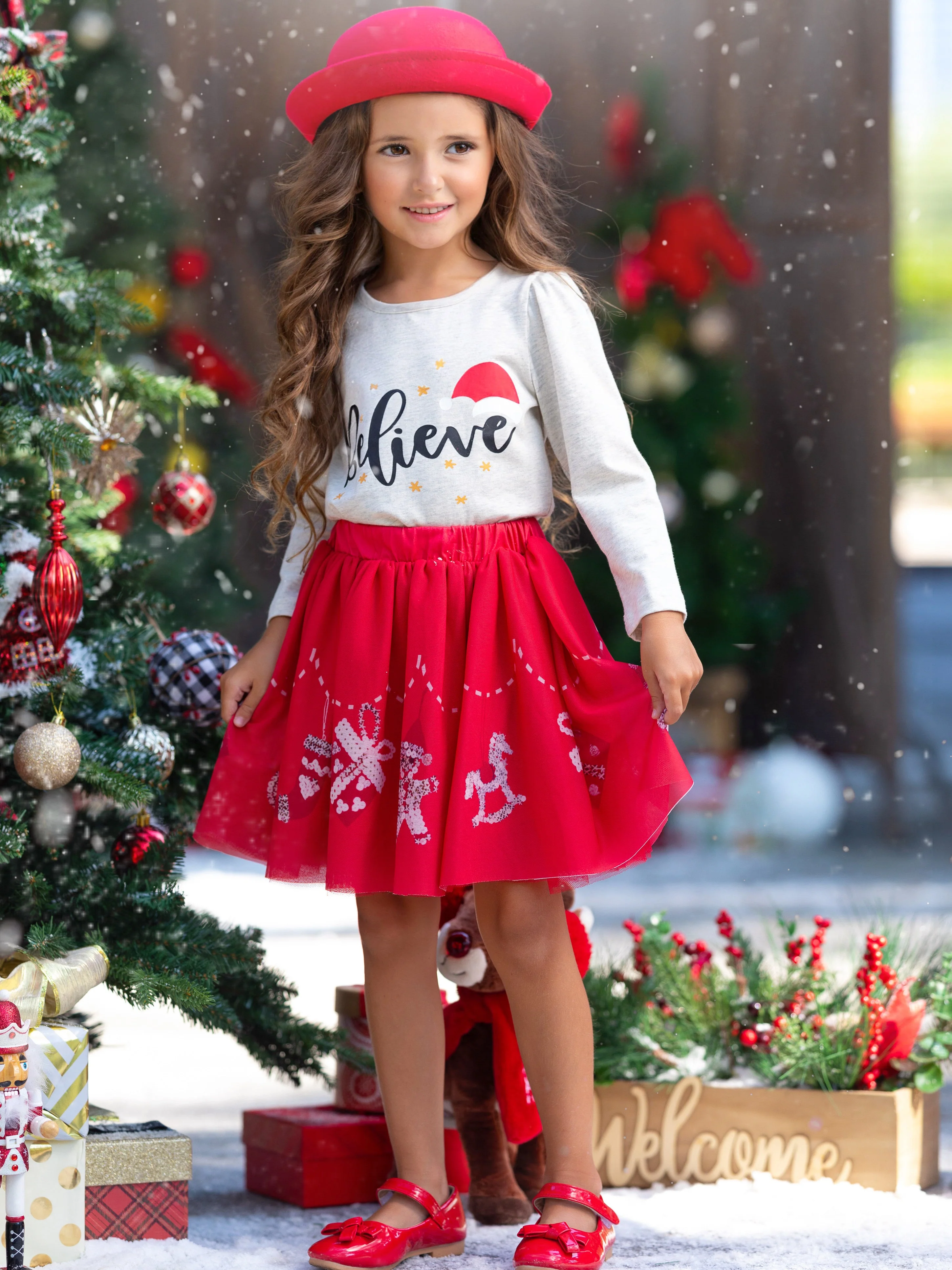 Celebrate Magic Ruffle Top and Christmas Print Skirt Set - Image 7