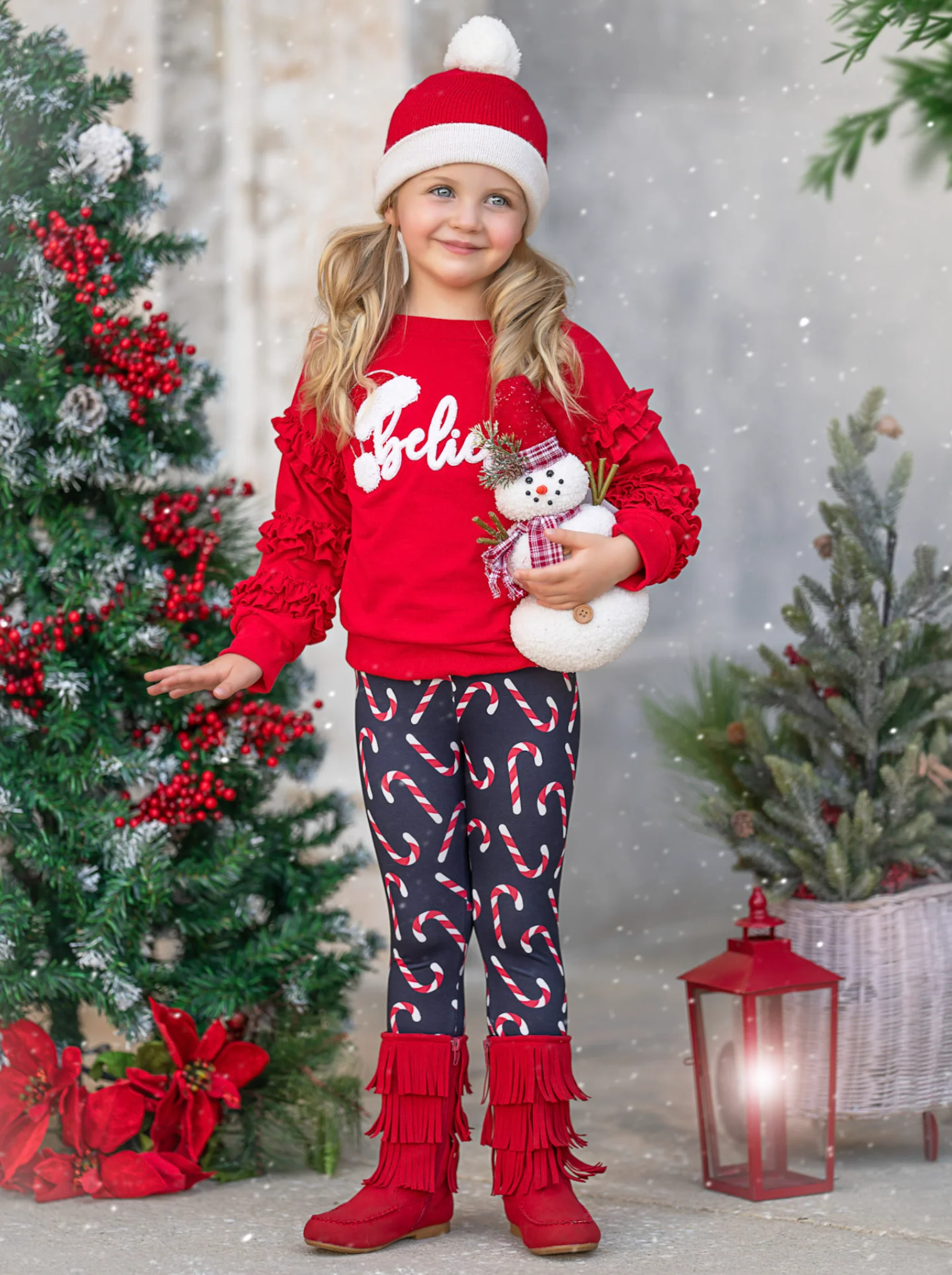 "Believe" Embroidered Christmas Top & Candy Cane Legging Set - Image 2