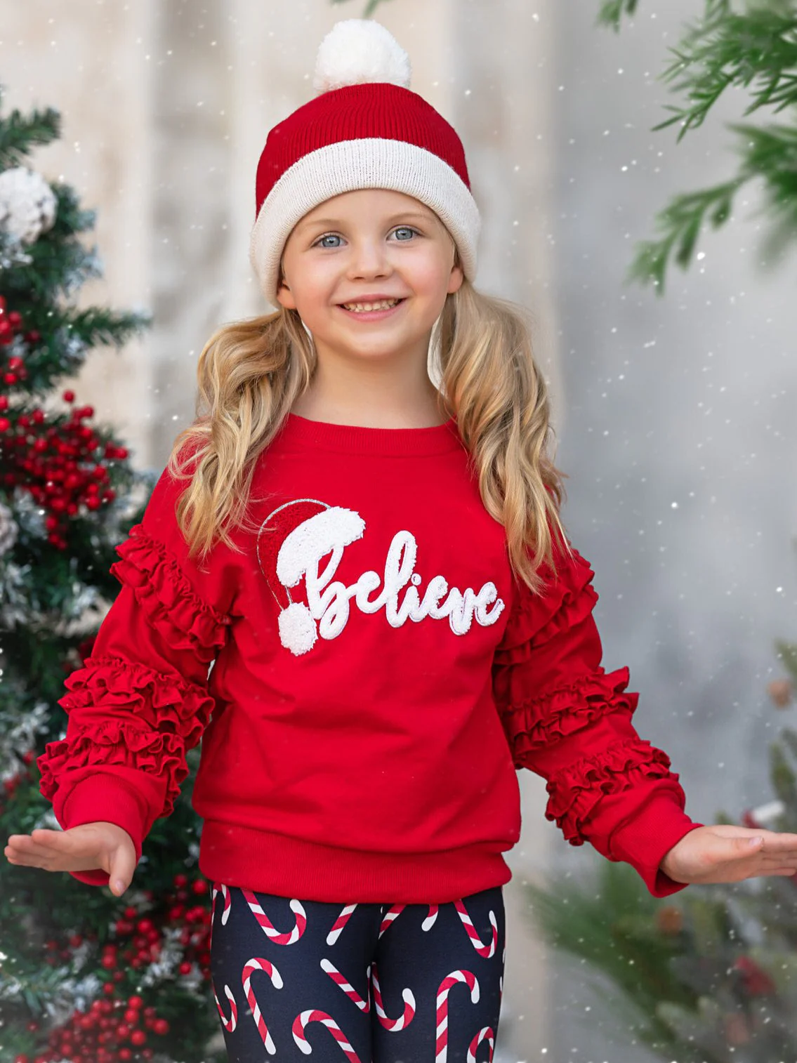 "Believe" Embroidered Christmas Top & Candy Cane Legging Set - Image 3