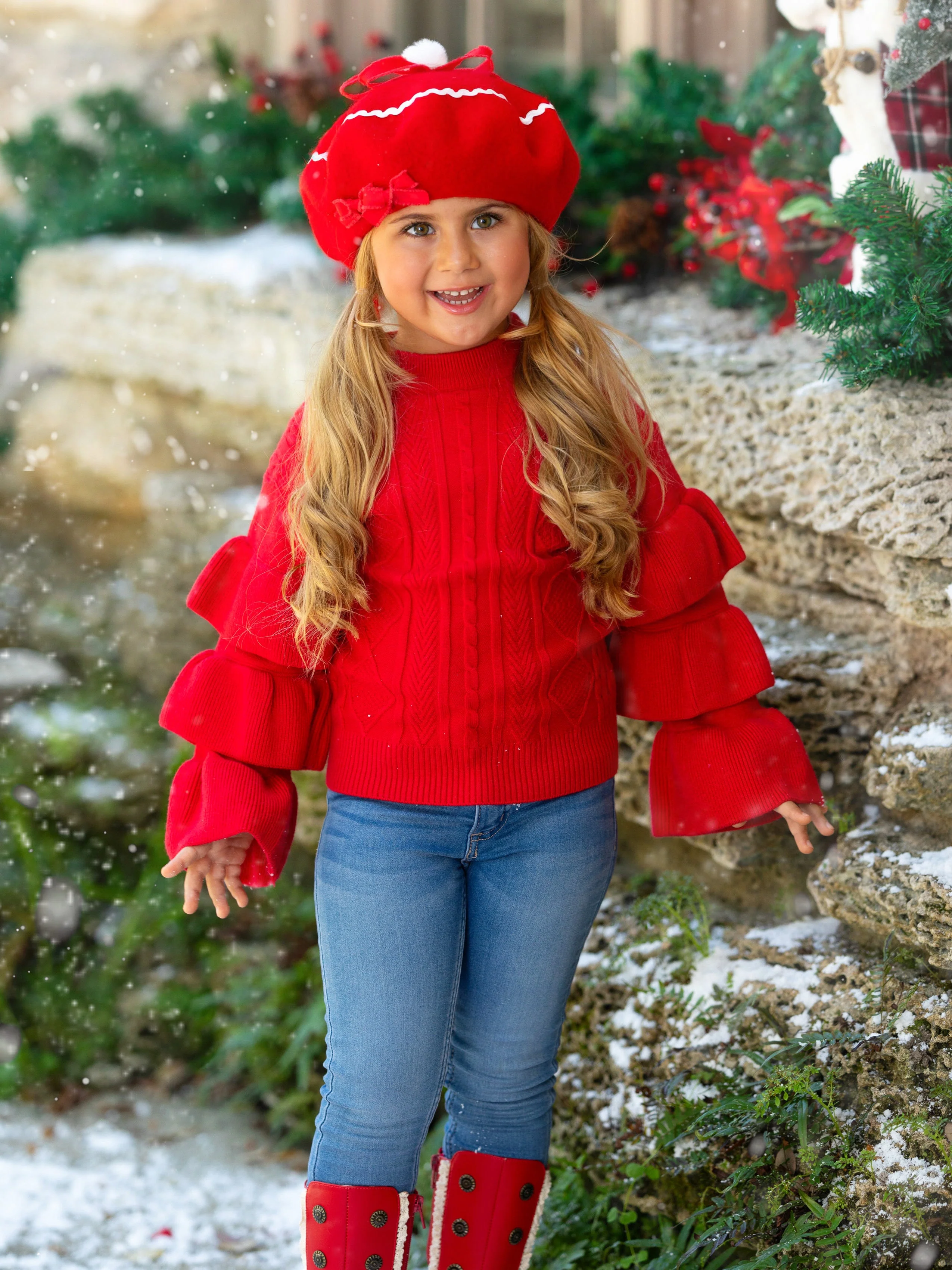Berry Red Tiered Sleeve Cable Knit Sweater - Image 2