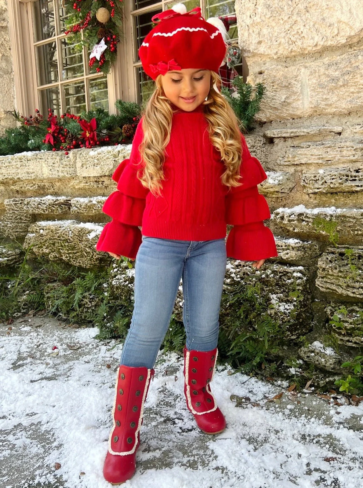 Berry Red Tiered Sleeve Cable Knit Sweater - Image 4