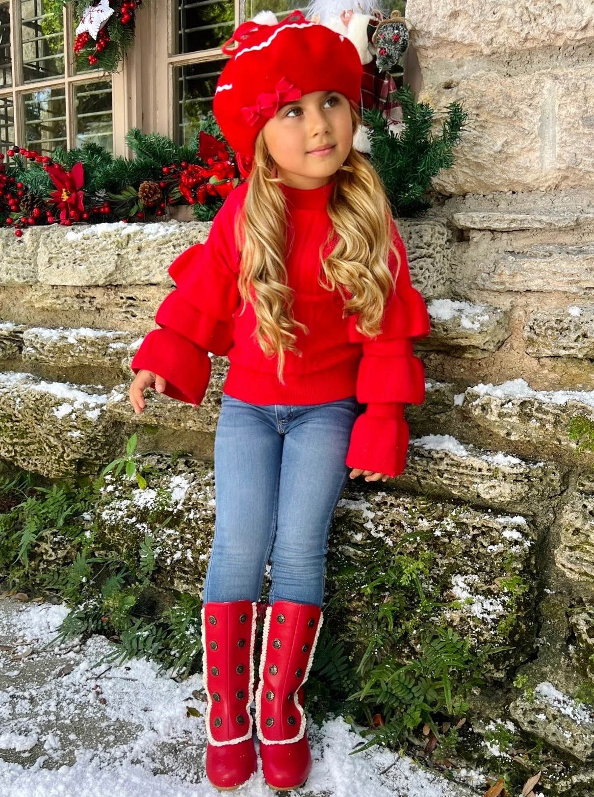 Berry Red Tiered Sleeve Cable Knit Sweater - Image 5