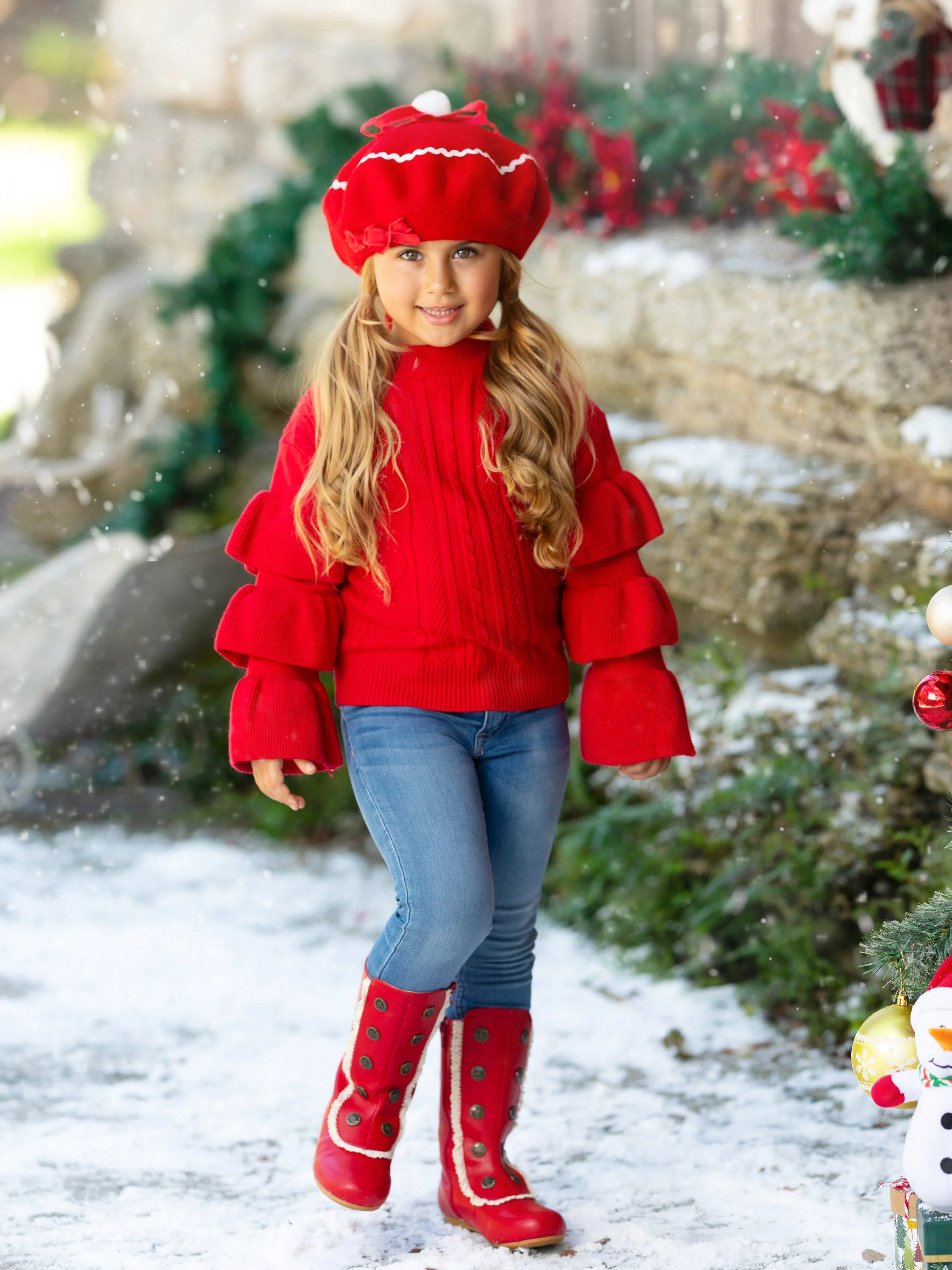 Berry Red Tiered Sleeve Cable Knit Sweater - Image 6