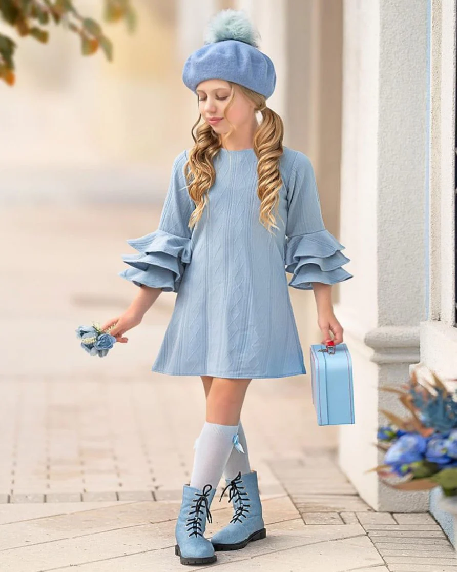 Charming Blue Ruffle Sleeve Cable Knit Sweater Dress - Image 2