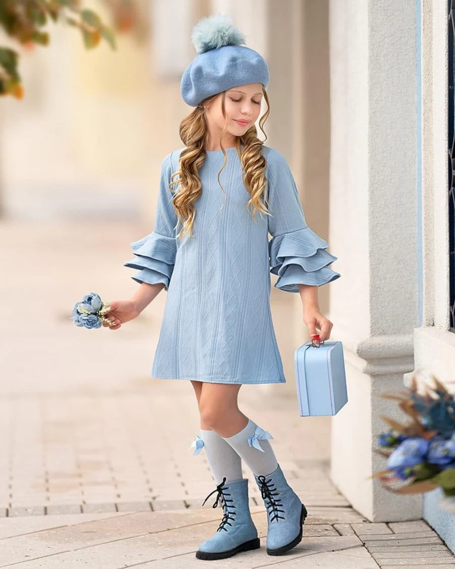 Charming Blue Ruffle Sleeve Cable Knit Sweater Dress - Image 3