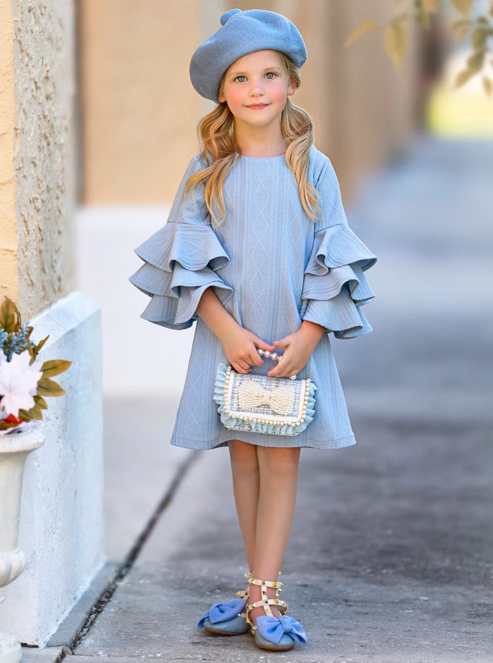 Charming Blue Ruffle Sleeve Cable Knit Sweater Dress - Image 4