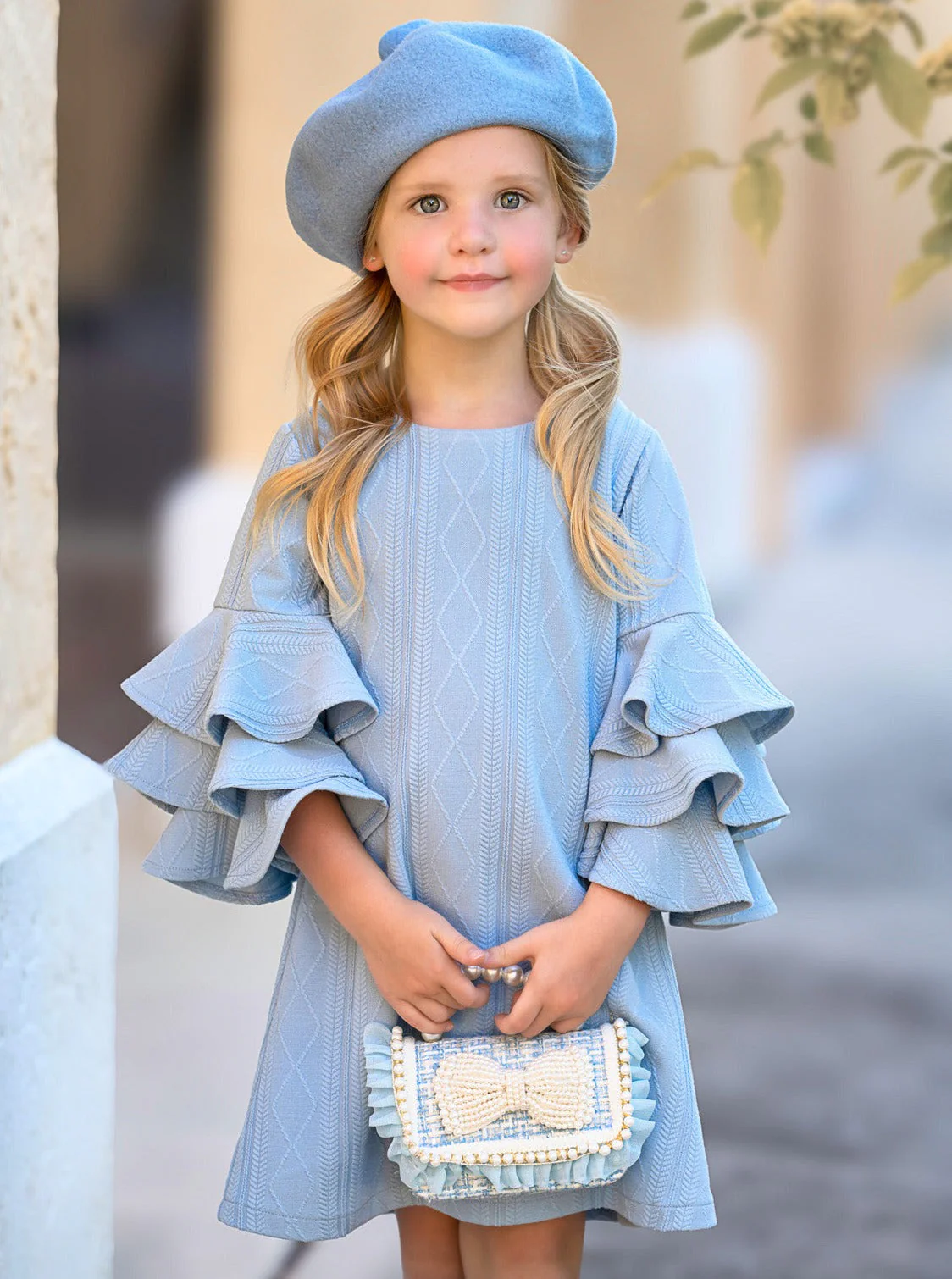 Charming Blue Ruffle Sleeve Cable Knit Sweater Dress - Image 5