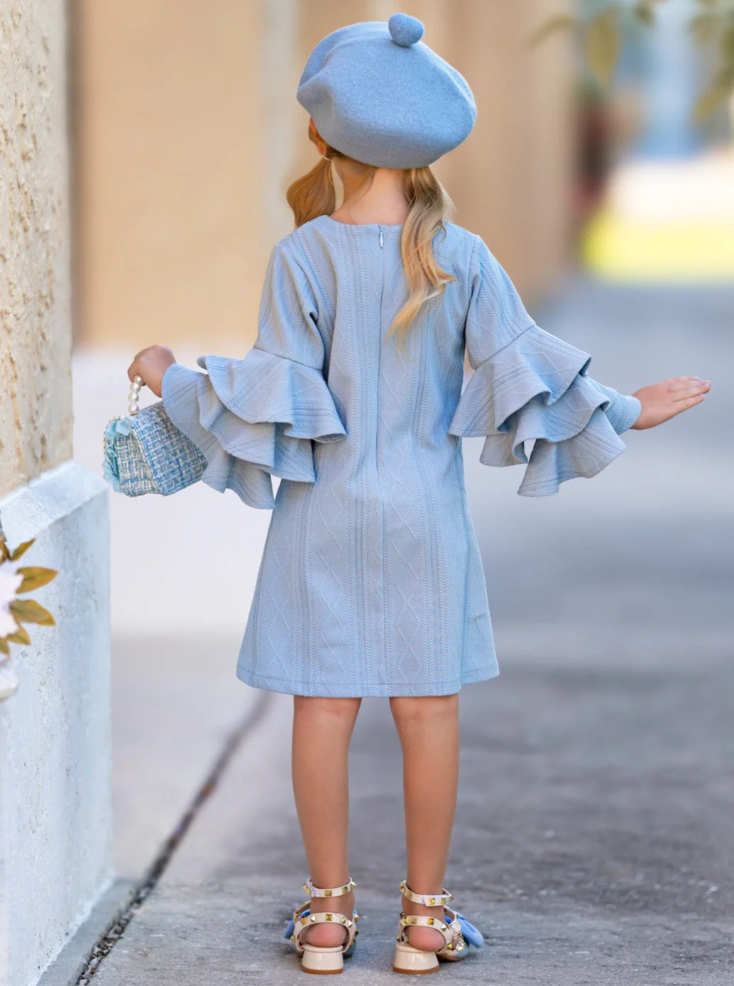 Charming Blue Ruffle Sleeve Cable Knit Sweater Dress - Image 7